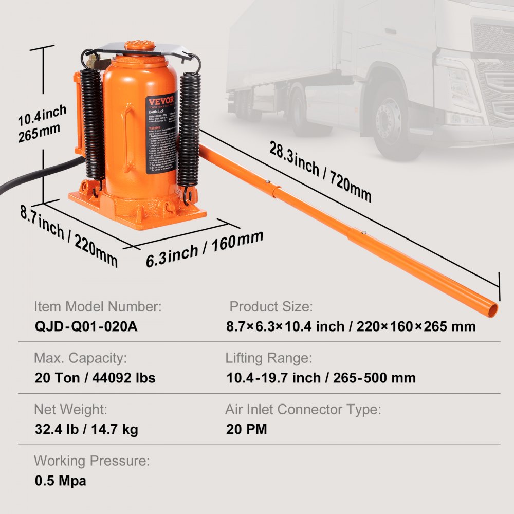 VEVOR Air Hydraulic Bottle Jack, 20 Ton/40000 LBS All Welded Bottle Jack, 265 - 500 mm Lifting Range, Manual Handle and Air Pump, for Car, Pickup, Truck, RV, Auto Repair, Industrial Engineering