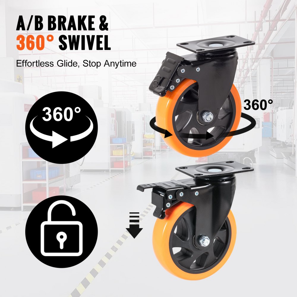 VEVOR Furniture Casters, Set of 4, Swivel Casters, PVC, φ127mm, 816kg Load Capacity, Transport Casters with A/B Brakes, Box Casters, 360° Swivel, Heavy Duty Casters for Homes, Offices, Studios, Factories