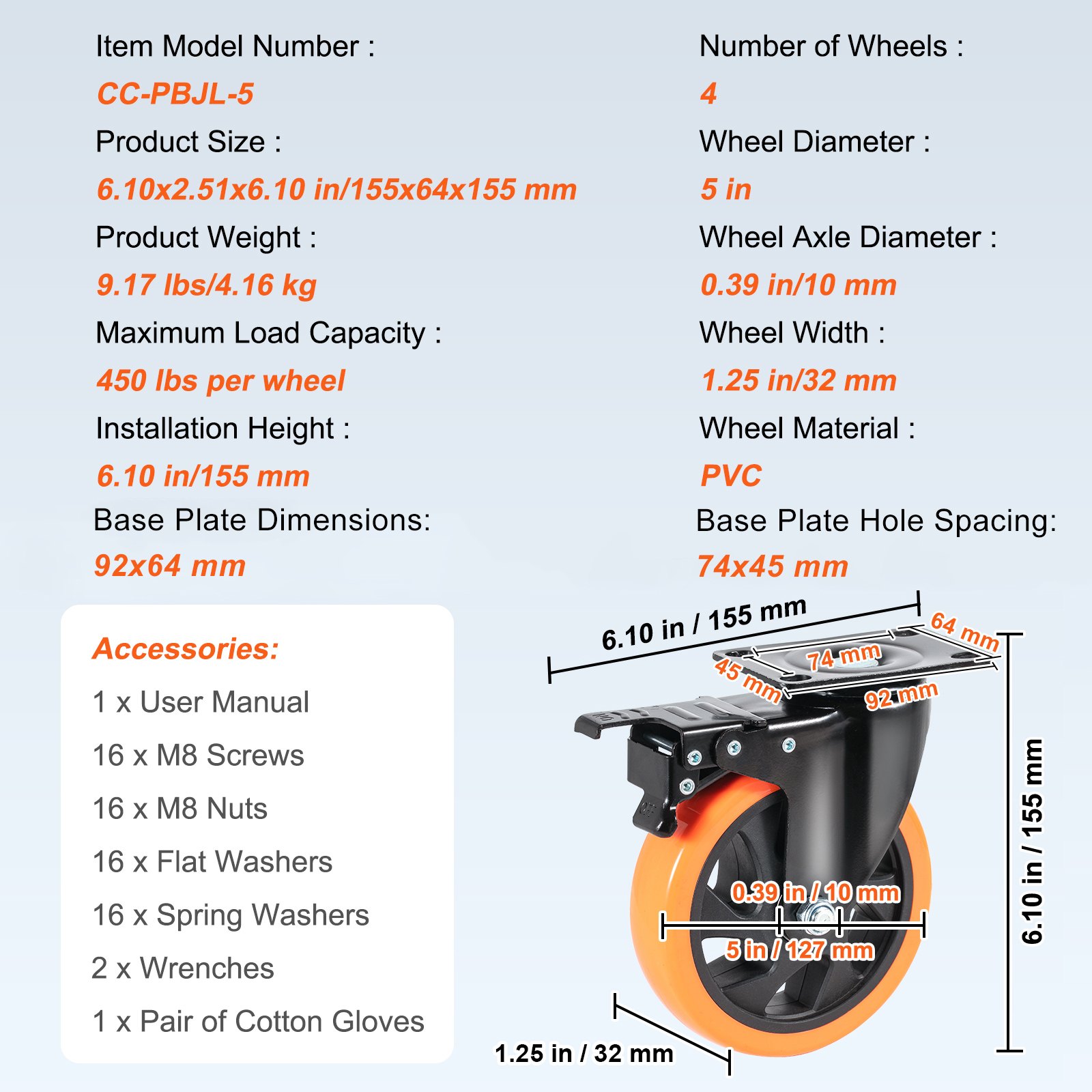 VEVOR Möbelrollen 4er-Set Lenkrollen PVC φ127mm Laufrollen 816kg Tragfähigkeit Transportrollen mit A/B-Bremsen Kastenrollen 360° Drehbar Schwerlastrollen für Häusern Büros Studios Fabriken