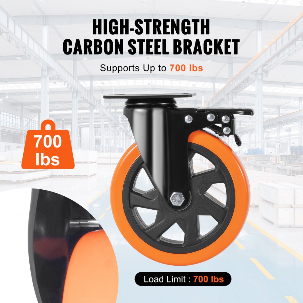 VEVOR Möbelrollen 4er-Set Lenkrollen PVC φ152,4mm Laufrollen 1.270kg Tragfähigkeit Transportrollen mit A/B-Bremsen Kastenrollen 360° Drehbar Schwerlastrollen für Häusern Büros Studios Fabriken
