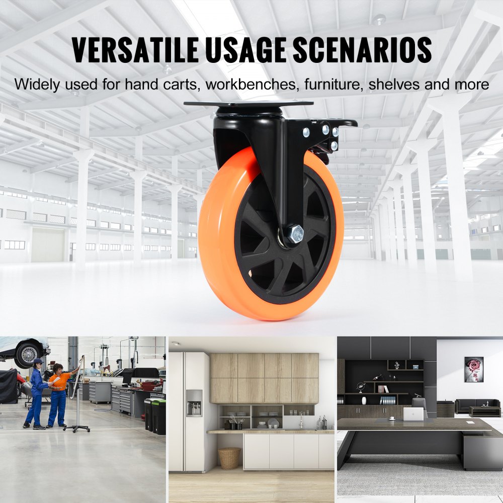 VEVOR Möbelrollen 4er-Set Lenkrollen PVC φ152,4mm Laufrollen 1.270kg Tragfähigkeit Transportrollen mit A/B-Bremsen Kastenrollen 360° Drehbar Schwerlastrollen für Häusern Büros Studios Fabriken