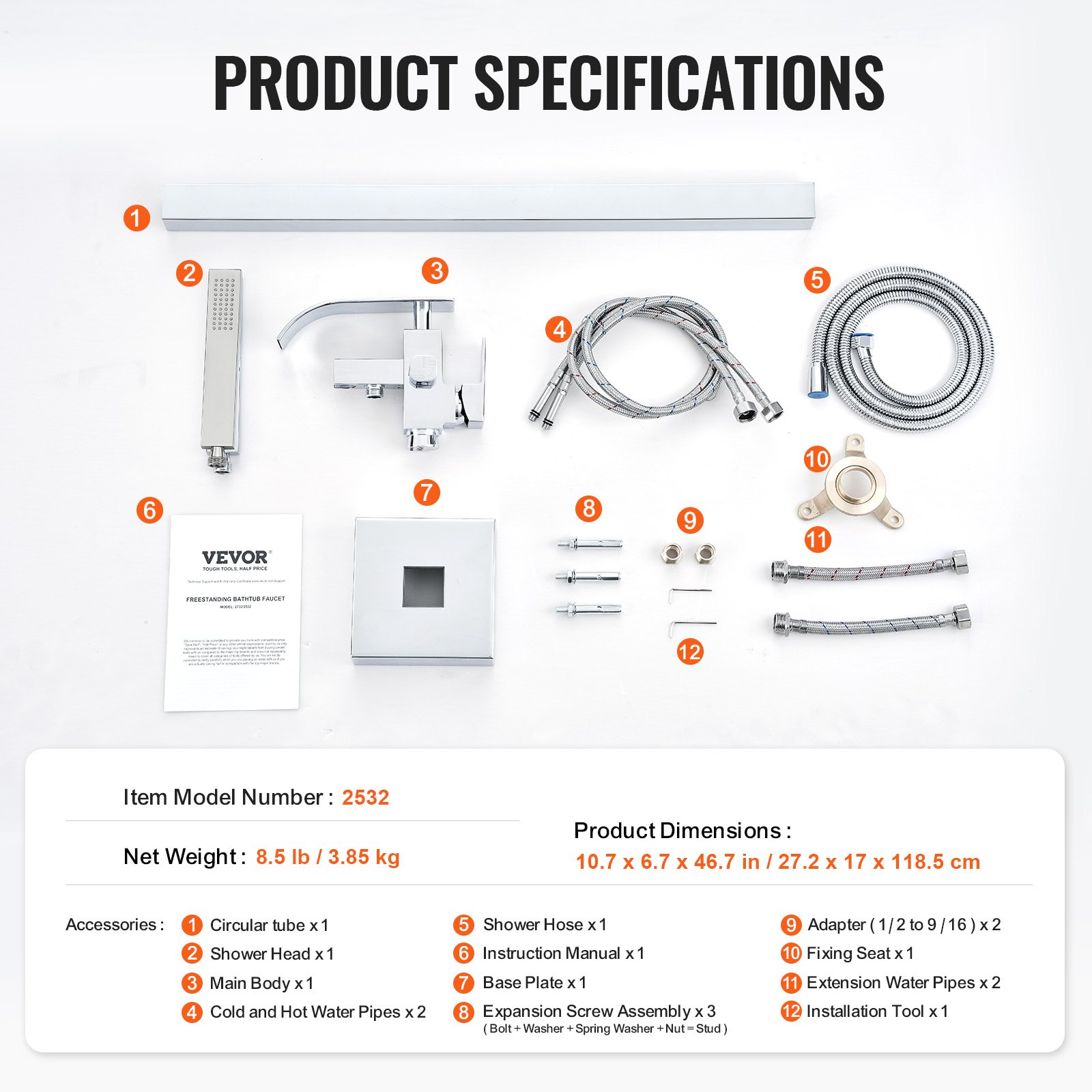 VEVOR Freistehende Badewannenarmatur mit Handbrause, Klassisch Badewannen Armaturen Set Wasserfall, Silberner Badewannenhahn 1,61 GPM Durchfluss, Wannenbatterie Badewanne Wasserhahn Duschsystem