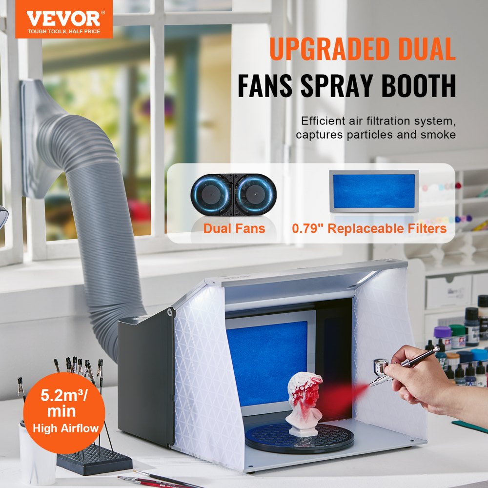 VEVOR Airbrush Spray Booth Kit 405 x 330 x 355 mm, Portable Airbrush Extraction System, Airbrush Spray Booth Extraction System 5.2 m³/min with Double Fans for Airbrush Model Making, Painting Work, etc.
