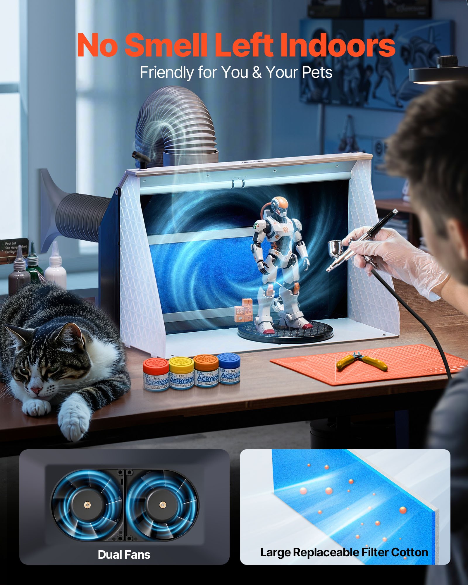 VEVOR Airbrush-Farbkabine Lackierkabine mit Doppellüfter (545 x 475 x 370 mm), tragbare Sprühfarbenkabine mit 3 LED-Leuchten & Verlängerungsschlauch, zum Lackieren von Modellen, Kunst