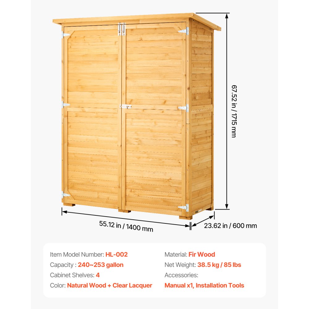 VEVOR Geräteschuppen 1400 x 600 x 1715 mm, großer Geräteschrank aus Holz mit wasserdichtem Dach und Metallrahmen, doppelt verschließbare Türen, Gerätehaus, Gartenschrank mit Regalen & Boden