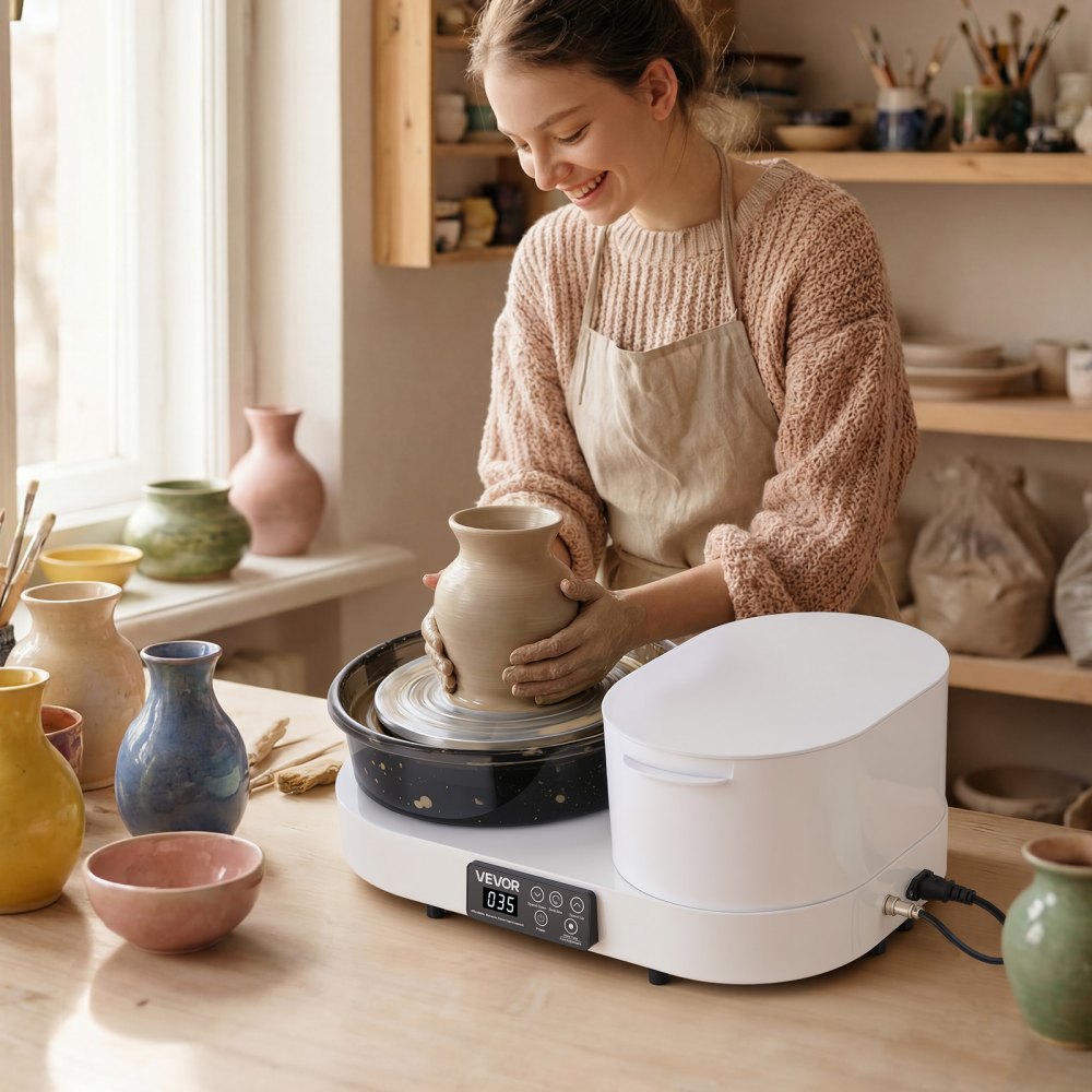 VEVOR Töpferscheibe Elektrisch 450 W, Töpferdrehmaschine 28 cm Drehteller, Töpfermaschine mit Fußpedal & 30–300 U/min Einstellbarer Drehzahl & Werkzeugbox, Ideal für Anfänger DIY-Tonkunst, Weiß