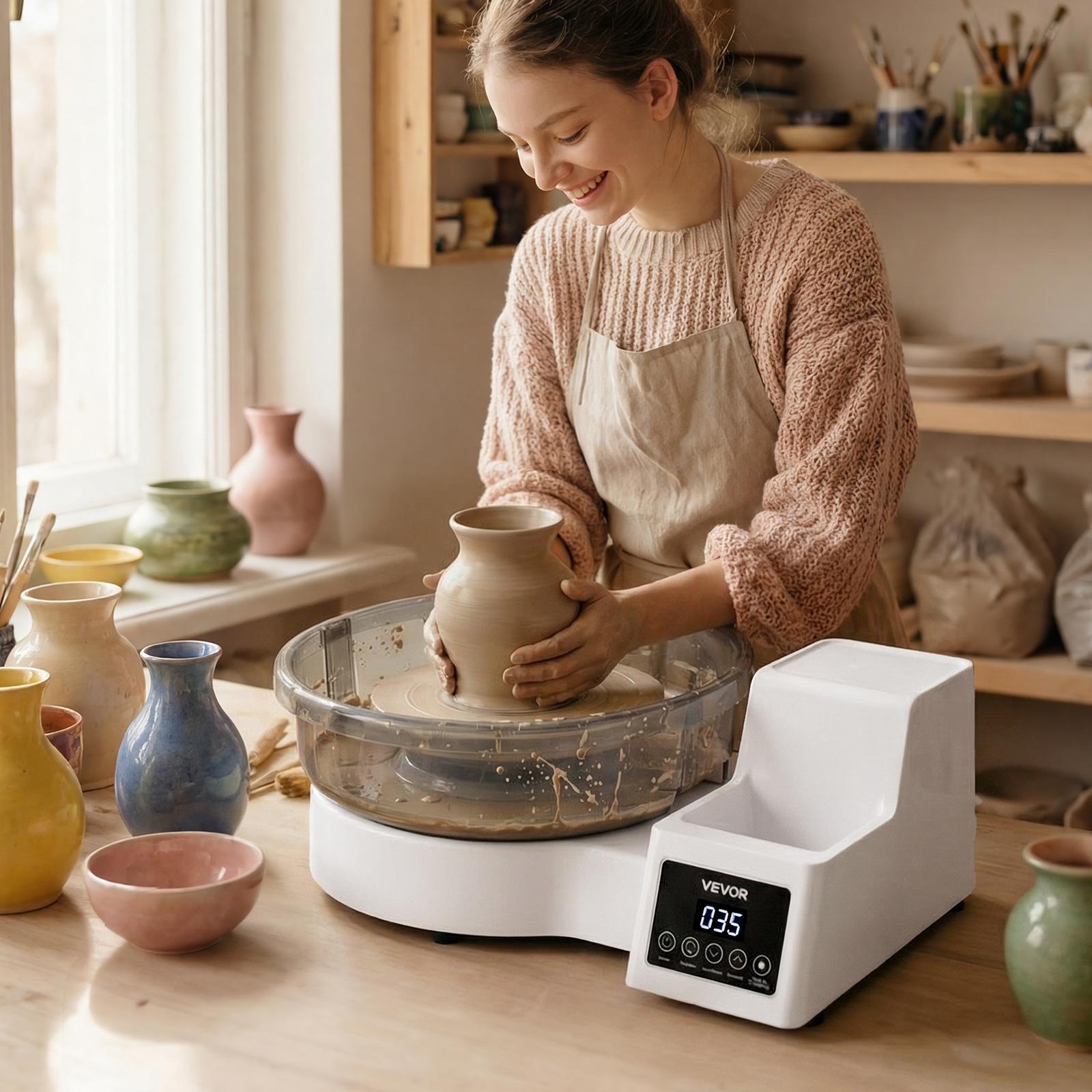 VEVOR Töpferscheibe Elektrisch 450 W, Töpferdrehmaschine 28 cm Drehteller (Aluminium), Töpfermaschine mit Fußpedal & 30–300 U/min Einstellbarer Drehzahl & PP-Gehäuse, für Anfänger DIY-Tonkunst, Weiß