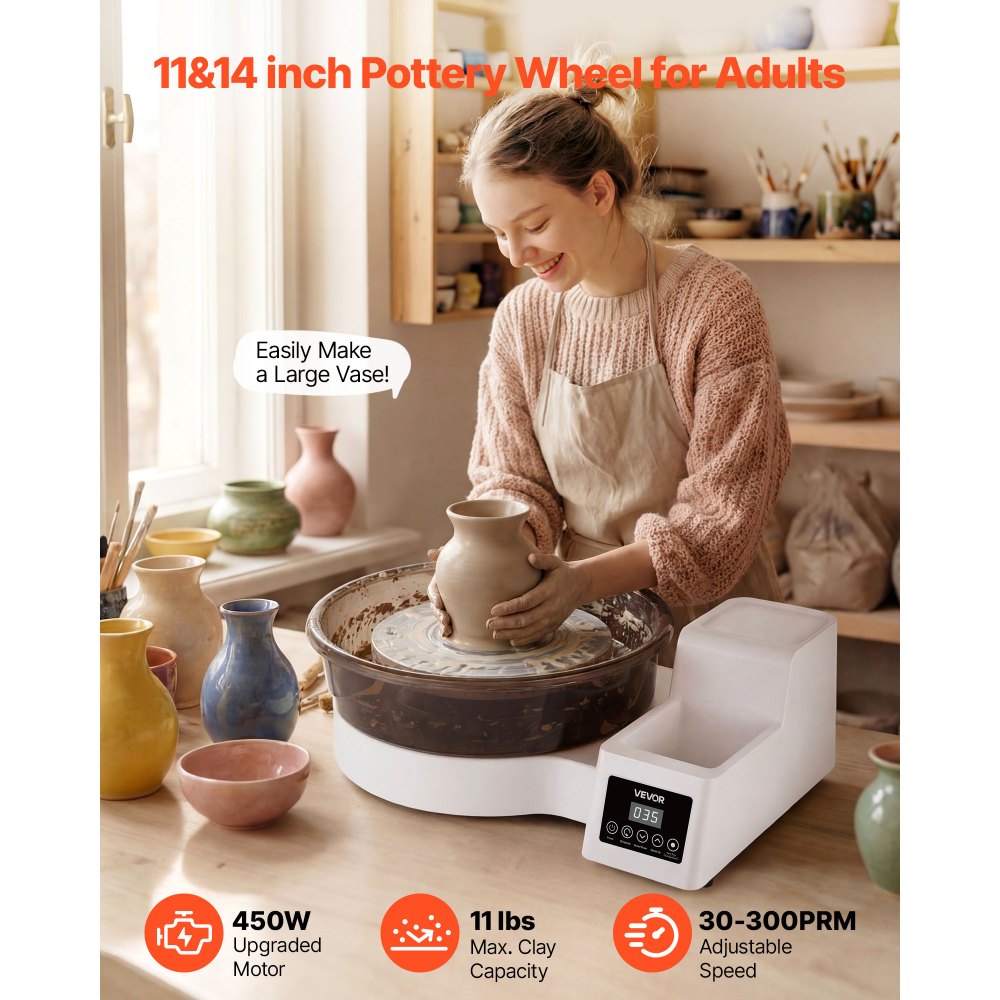 VEVOR Töpferscheibe Elektrisch 450 W, Töpferdrehmaschine 28 / 36 cm Drehteller, Keramikscheibe mit Fußpedal & 30–300 U/min Einstellbarer Drehzahl & Abnehmbarem Becken, für Anfänger DIY-Tonkunst, Weiß