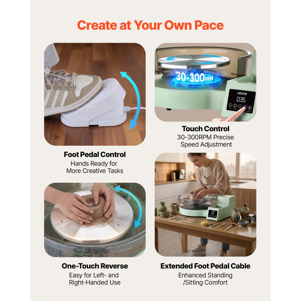 VEVOR Töpferscheibe Elektrisch 450 W, Töpferdrehmaschine 28 / 36 cm Drehteller, Töpfermaschine mit Fußpedal & 30–300 U/min Einstellbarer Drehzahl & Werkzeugbox, Ideal für Anfänger DIY-Tonkunst, Grün