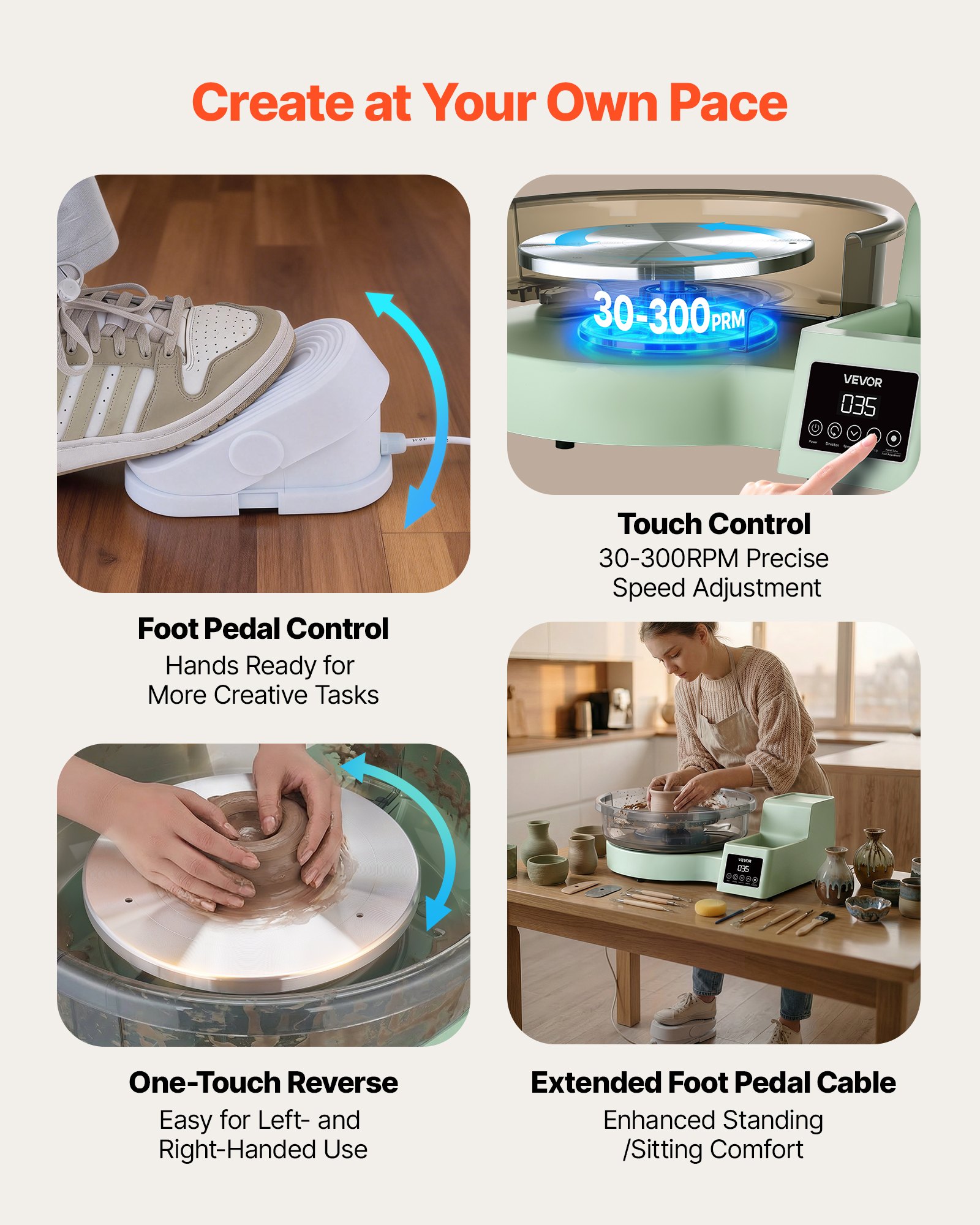 VEVOR Töpferscheibe Elektrisch 450 W, Töpferdrehmaschine 28 / 36 cm Drehteller, Töpfermaschine mit Fußpedal & 30–300 U/min Einstellbarer Drehzahl & Werkzeugbox, Ideal für Anfänger DIY-Tonkunst, Grün