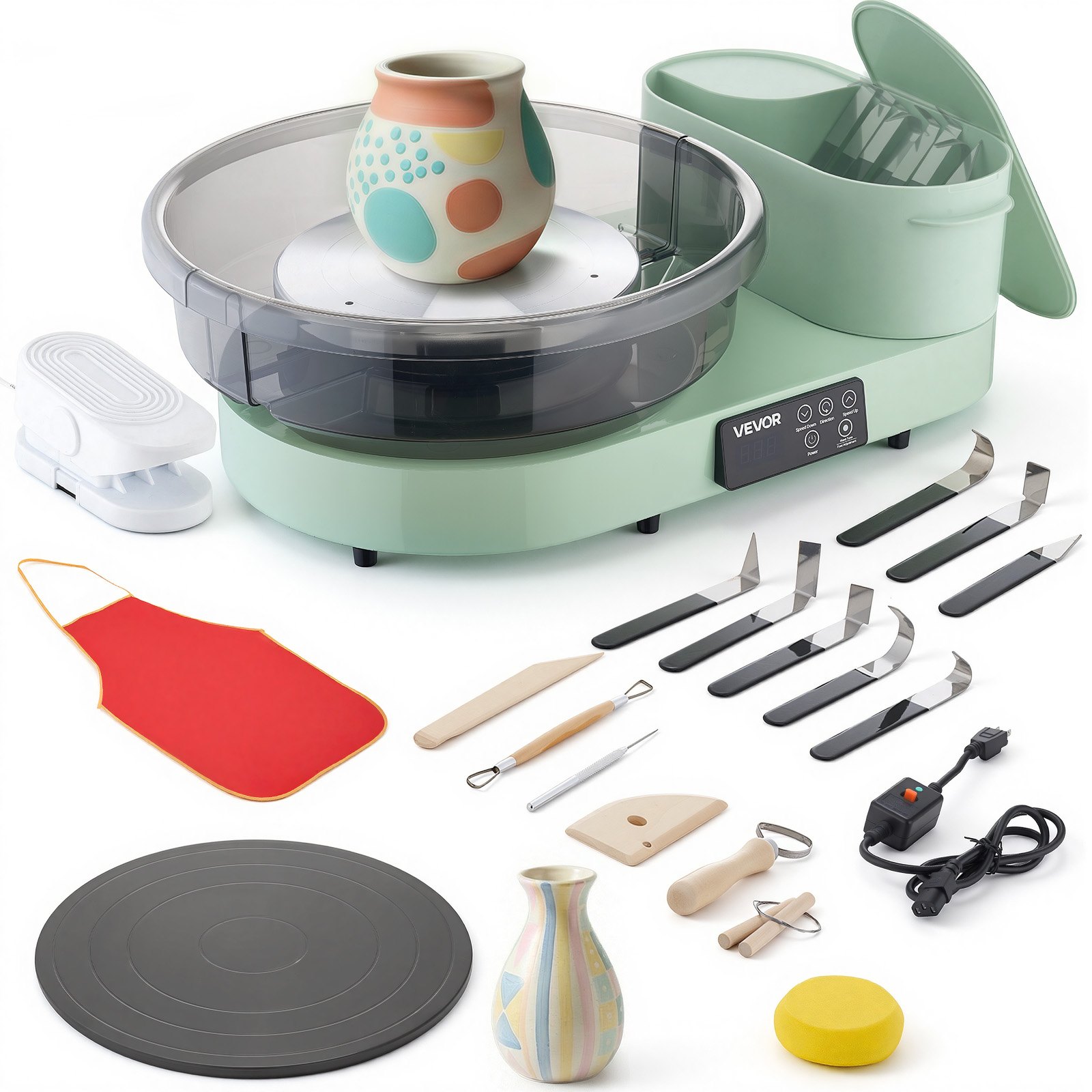 VEVOR Töpferscheibe Elektrisch 450 W, Töpferdrehmaschine 28 cm / 36 cm Drehteller, Töpfermaschine mit Fußpedal & 30–300 U/min Einstellbarer Drehzahl & Aluminiumgehäuse, für Anfänger DIY-Tonkunst, Grün