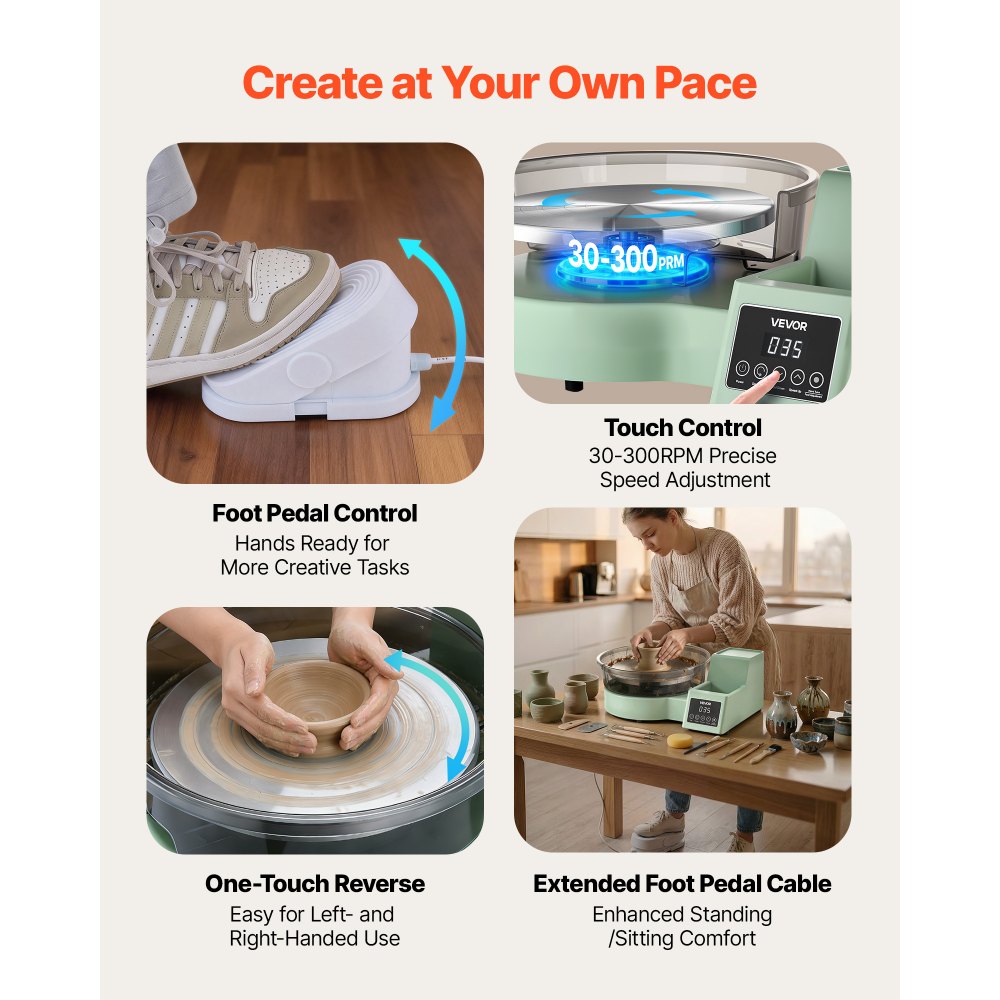 VEVOR Töpferscheibe Elektrisch 450 W, Töpferdrehmaschine 28 cm Drehteller (Aluminium), Töpfermaschine mit Fußpedal & 30–300 U/min Einstellbarer Drehzahl & PP-Gehäuse, für Anfänger DIY-Tonkunst, Grün