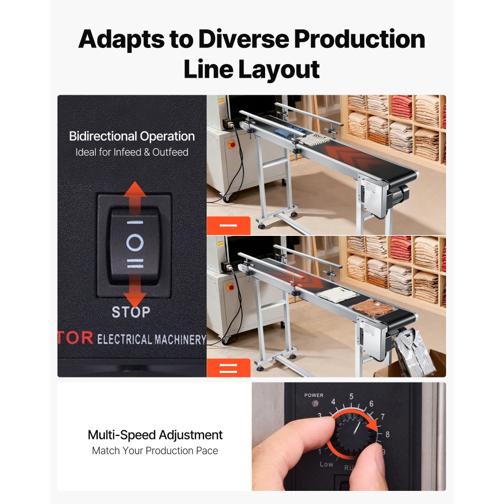 VEVOR Bandförderer 1498,6x198,1mm Fördertisch Hochleistungs-Edelstahl-Motorbandförderer für Tintenstrahl-Codierungsanwendungen angetriebenes PVC-Band einstellbare Geschwindigkeit (doppelte Leitplanke)