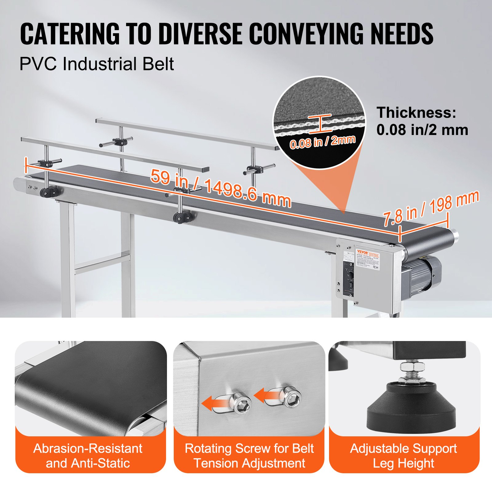 VEVOR Belt Conveyor 1498.6x198.1mm Conveyor Table Heavy-Duty Stainless Steel Motor Belt Conveyor for Inkjet Coding Applications Driven PVC Belt Adjustable Speed (Double Guardrail)