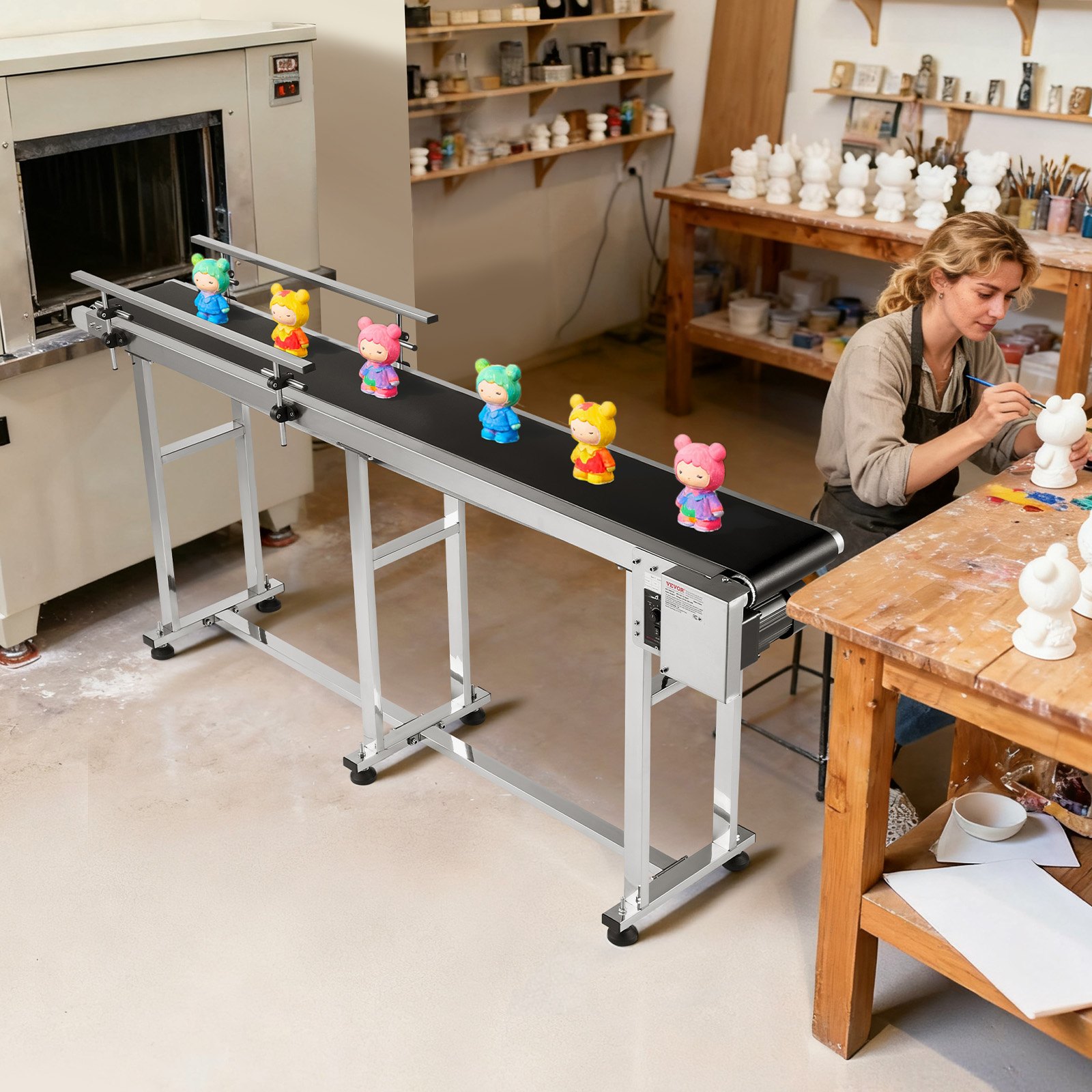 VEVOR Bandförderer, 1803,4 x 198,1 mm Fördertisch, Edelstahl-Motorbandförderer für Tintenstrahl-Codierungsanwendungen, angetriebenes PVC-Band, einstellbare Geschwindigkeit (doppelte Leitplanke)