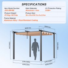 VEVOR Pavillon Gartenzelt Outdoor Pergola Sonnenschutzdach Alu 3x3x2,3m Beige