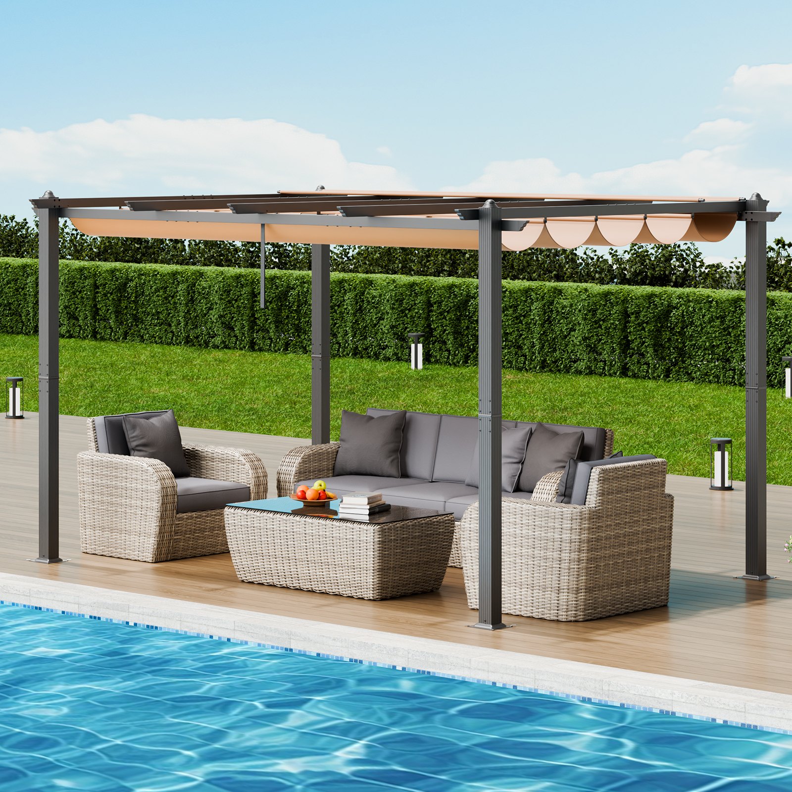 VEVOR Pergola 2,96 x 3,95 x 2,3 m, Pavillon mit Sonnenschutzdach, Gartenpavillon UV50+ UV-Schutzklasse, Terrassenpavillon Überdachung, Gartenzelt für Terrassen, Gärten, Decks, Hinterhöfe (Beige)