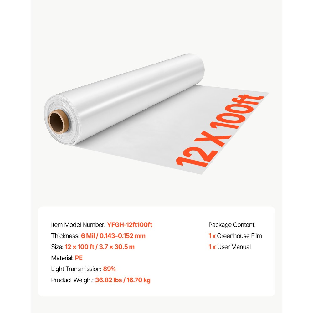 VEVOR Gewächshausfolie 3,7x30,5m Polyethylenfolie 0,143–0,152mm Tunnelfolie, für Landwirtschaft Gartenbau & Freilandpflanzen, Wasser- Sonnen- Frost- Wind- & Staubbeständig, Lichtdurchlässig, Meterware