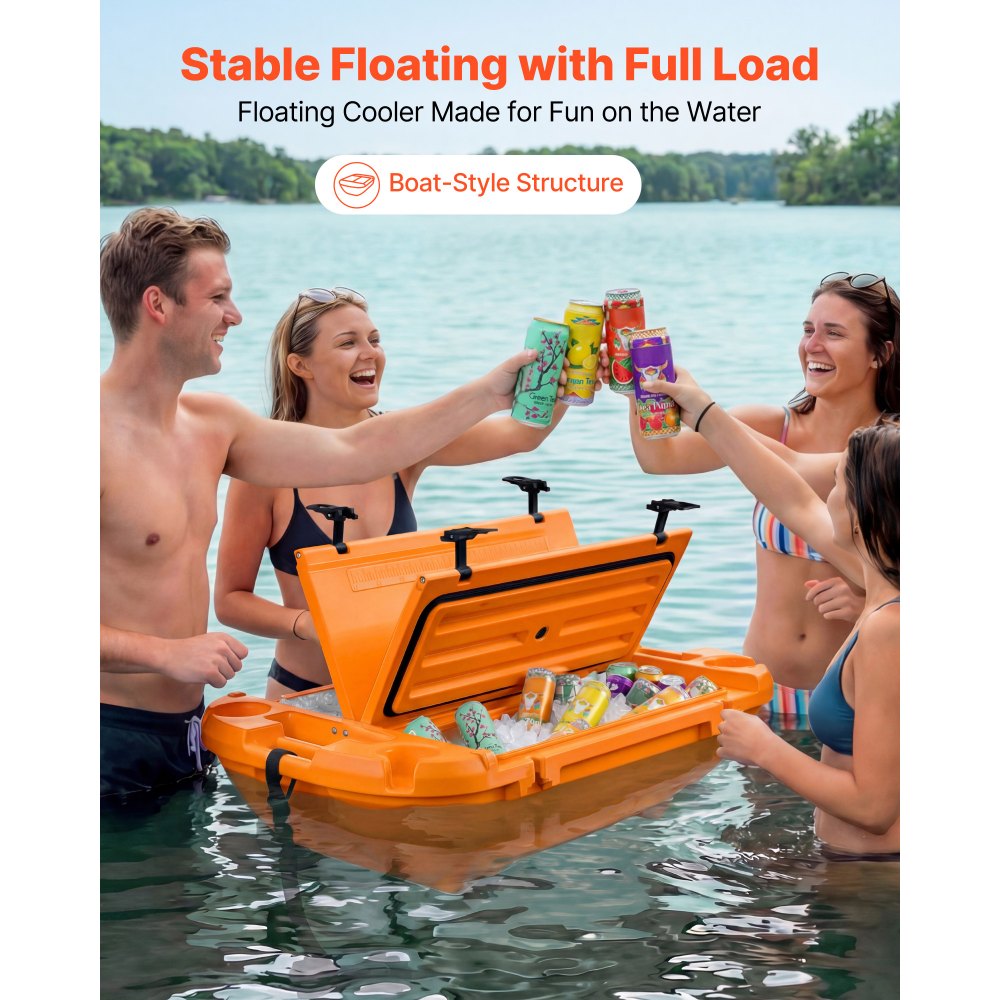 VEVOR Floating Cooler, 37.9 L Floating Ice Chest with Dry Storage & Tow Rope, Premium LLDPE Amphibious Drink Cooler for Water & Land, Cruise Smoothly Stable on Lake, River, Pool, Beach, Kayak, Orange