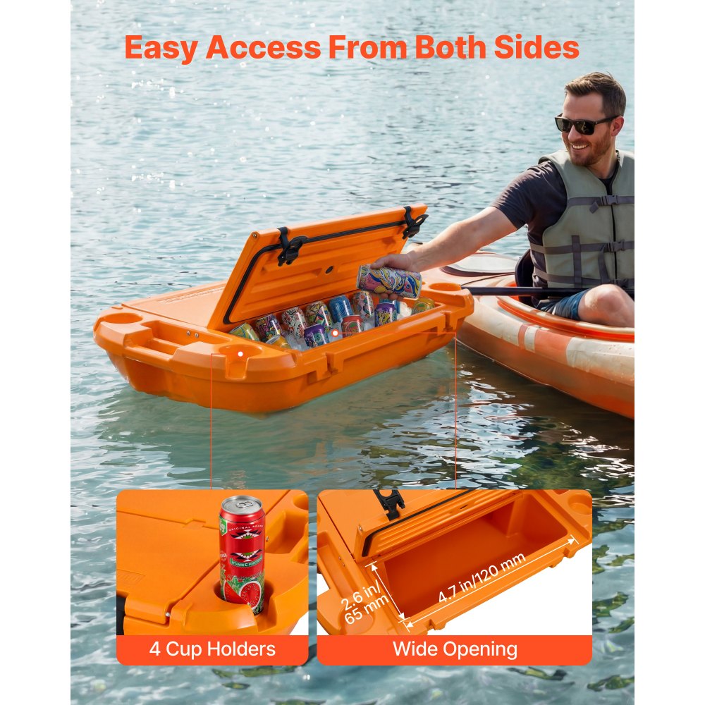 VEVOR Floating Cooler, 37.9 L Floating Ice Chest with Dry Storage & Tow Rope, Premium LLDPE Amphibious Drink Cooler for Water & Land, Cruise Smoothly Stable on Lake, River, Pool, Beach, Kayak, Orange