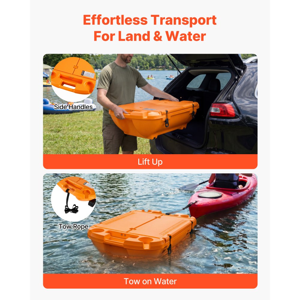 VEVOR Floating Cooler, 37.9 L Floating Ice Chest with Dry Storage & Tow Rope, Premium LLDPE Amphibious Drink Cooler for Water & Land, Cruise Smoothly Stable on Lake, River, Pool, Beach, Kayak, Orange