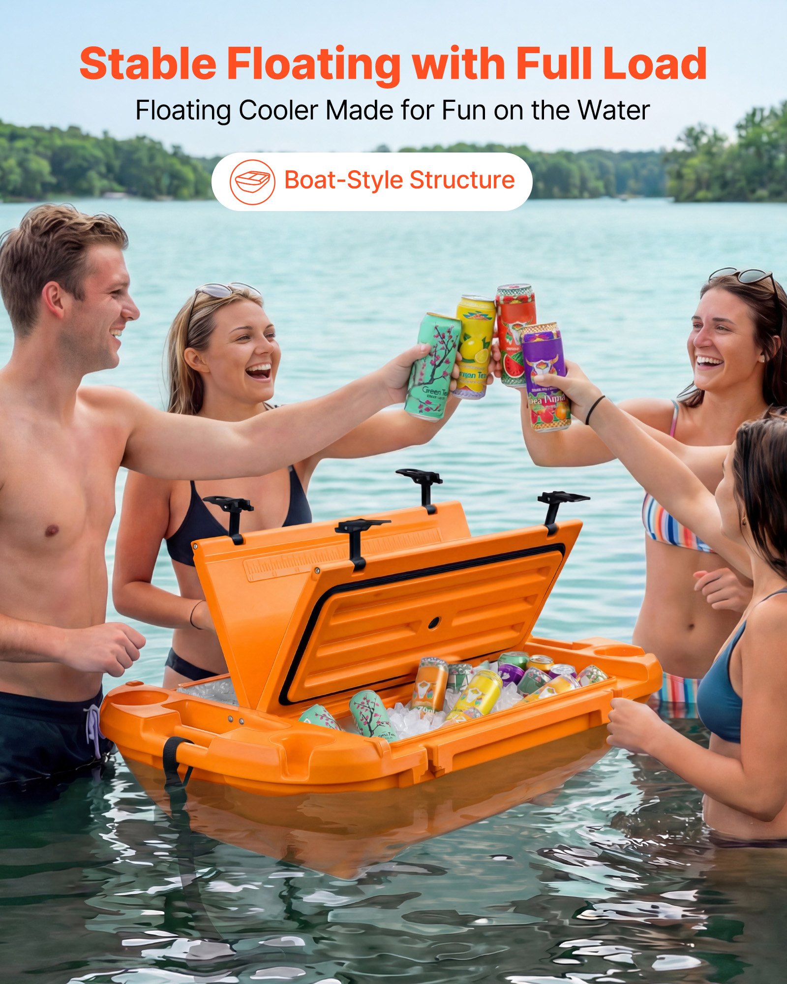 VEVOR Floating Cooler, 37.9 L Floating Ice Chest with Dry Storage & Tow Rope, Premium LLDPE Amphibious Drink Cooler for Water & Land, Cruise Smoothly Stable on Lake, River, Pool, Beach, Kayak, Orange