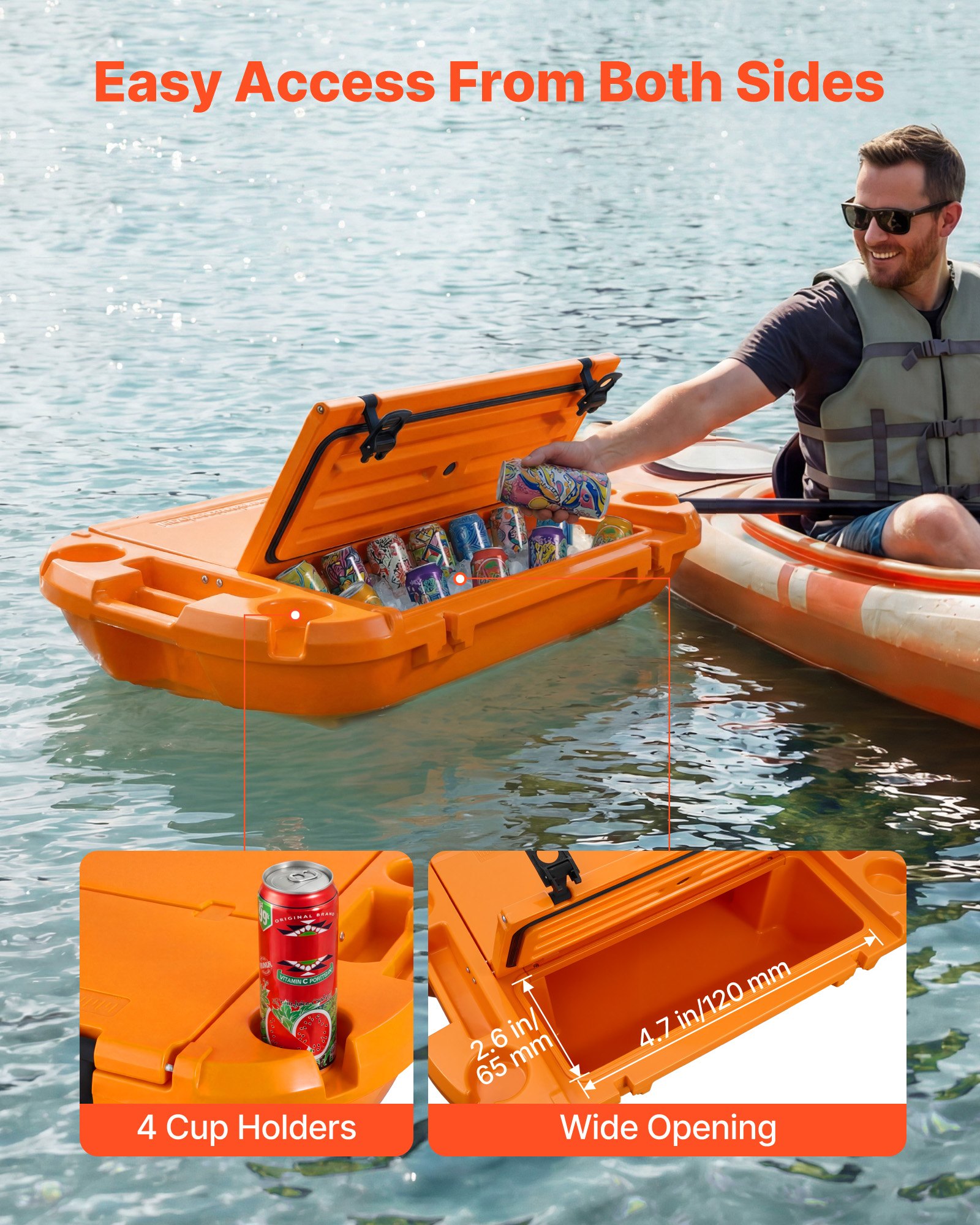 VEVOR Floating Cooler, 37.9 L Floating Ice Chest with Dry Storage & Tow Rope, Premium LLDPE Amphibious Drink Cooler for Water & Land, Cruise Smoothly Stable on Lake, River, Pool, Beach, Kayak, Orange