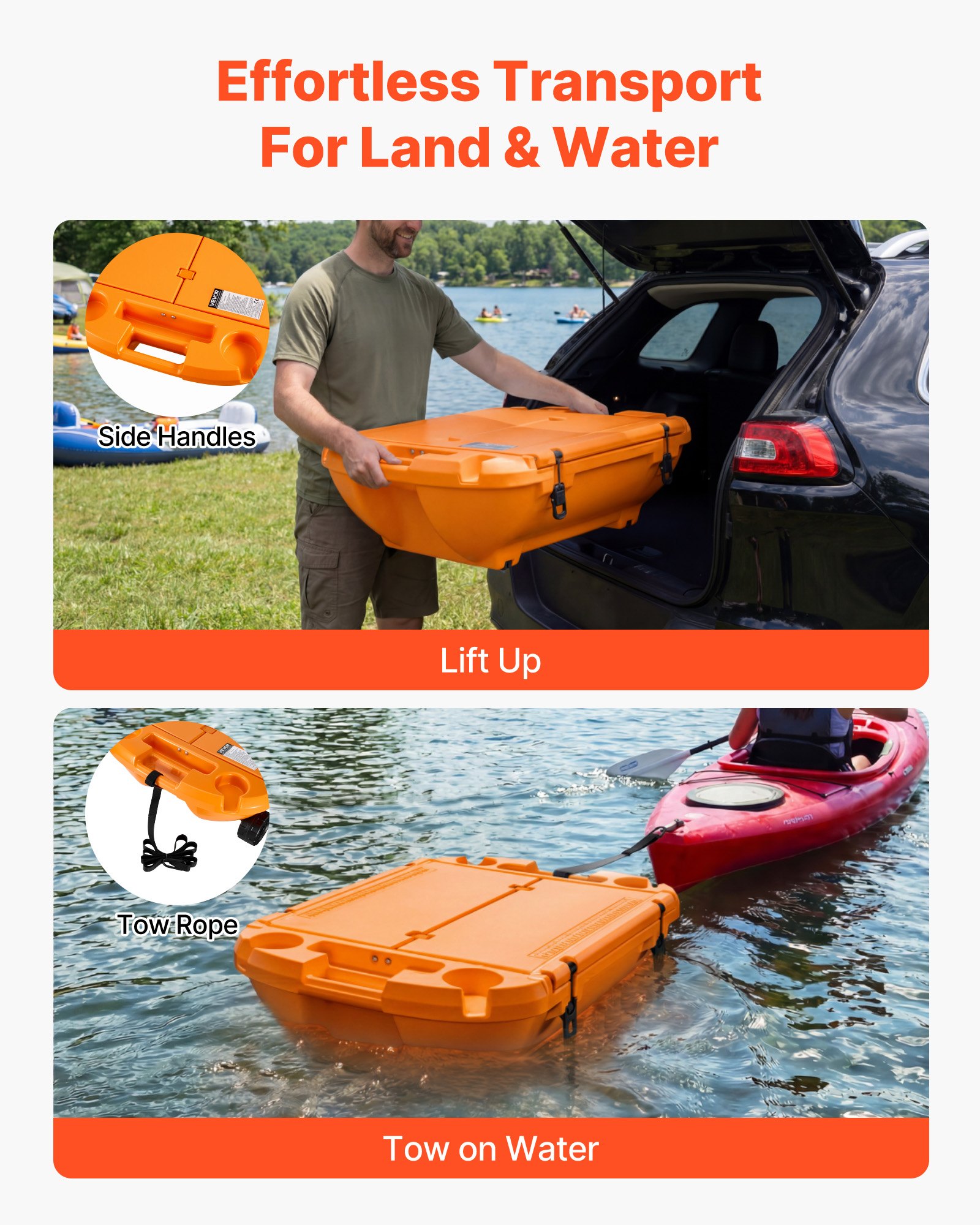 VEVOR Floating Cooler, 37.9 L Floating Ice Chest with Dry Storage & Tow Rope, Premium LLDPE Amphibious Drink Cooler for Water & Land, Cruise Smoothly Stable on Lake, River, Pool, Beach, Kayak, Orange