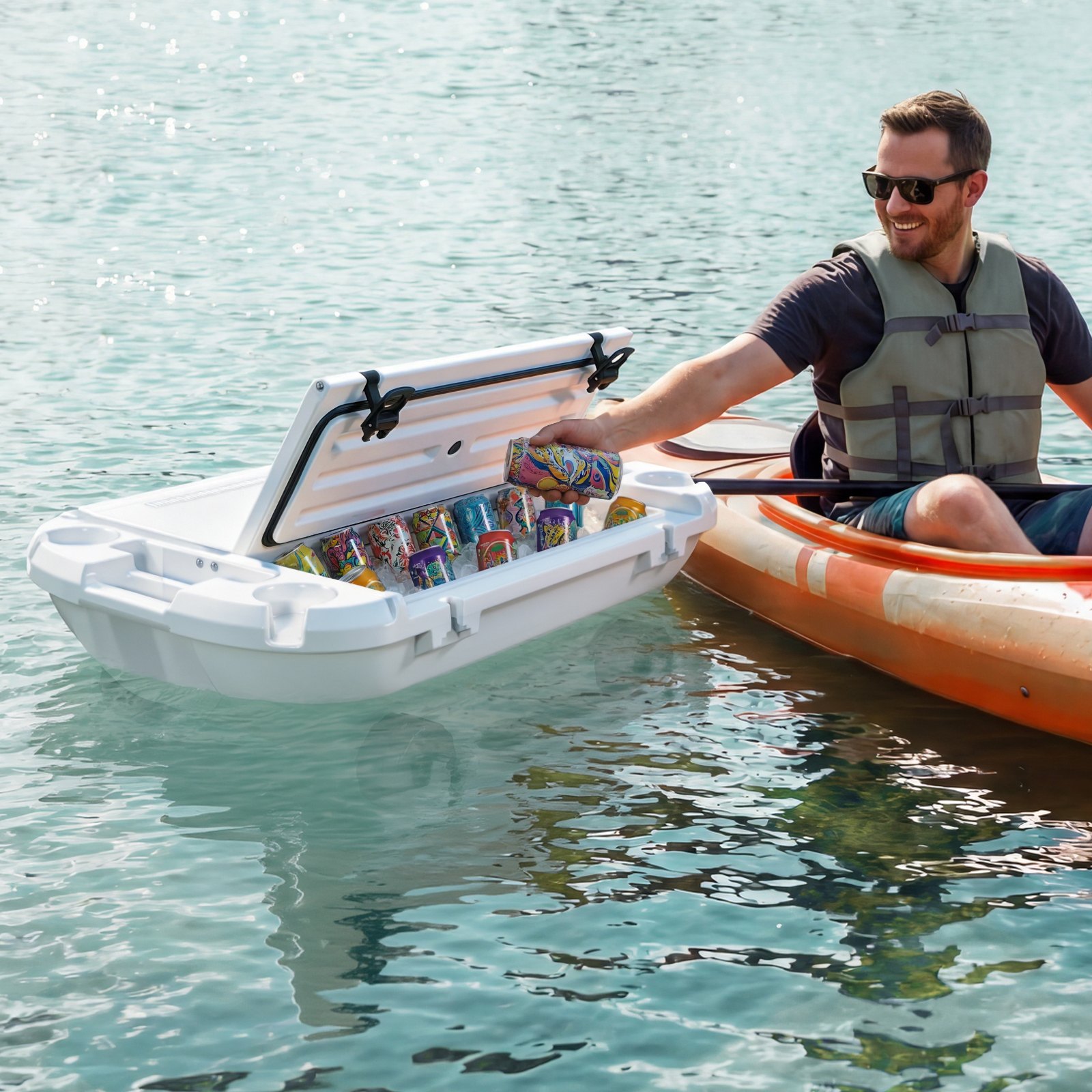 VEVOR Amphibischer Schwimmender Kühler, 37,9 L Schwimmender Getränkekühler mit Trockenfach Rädern Zugseil für Wasser & Land, Kippstablier Kühlbehälter aus LLDPE für Pool Fluss Seen Strand Meer, Weiß