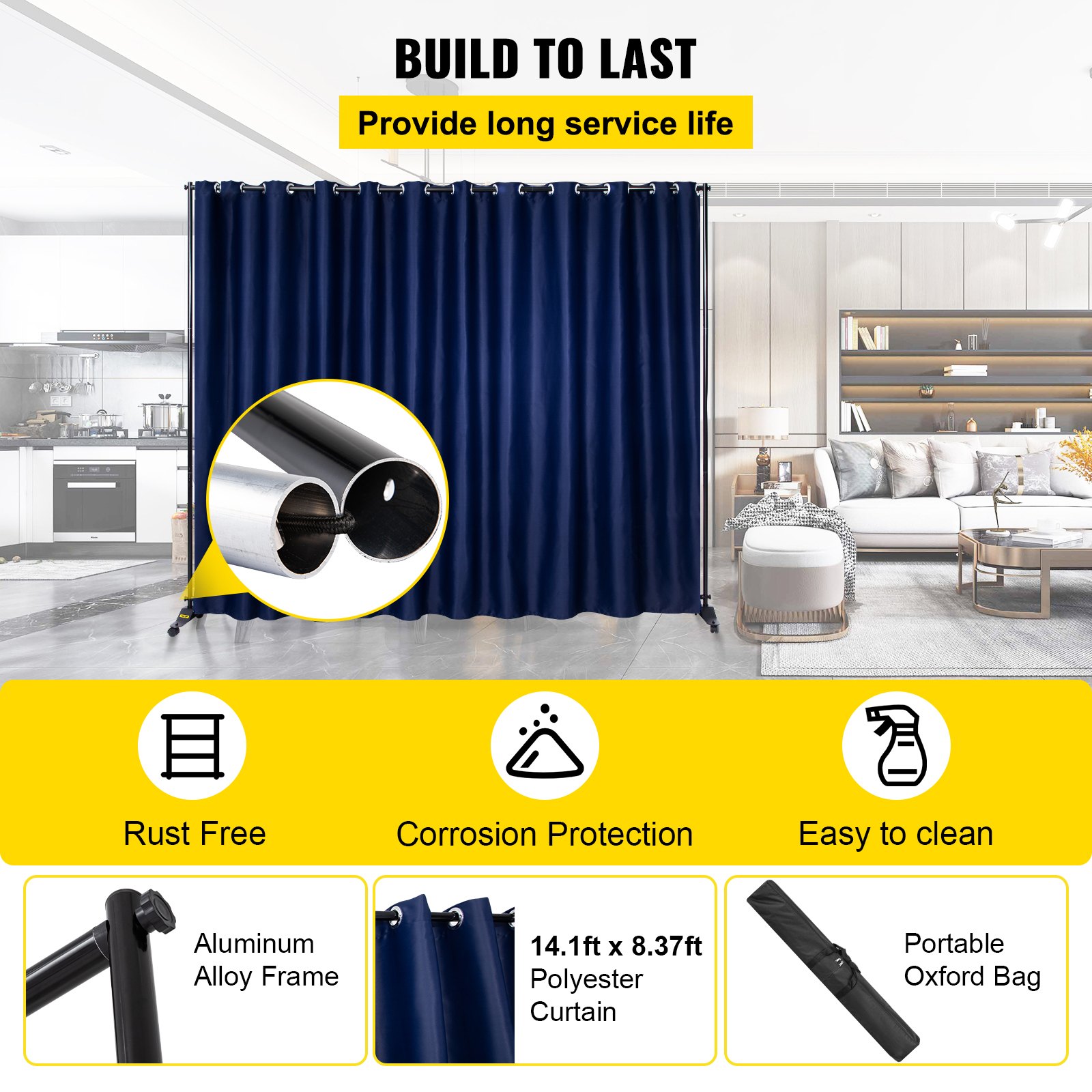 VEVOR Raumteiler Vorhang Trennwand Gardinen Schiebevorhänge Vorhang Sichtschutz Ösenschal Schiebegardinen Paraventgestell Marineblau Polyester Büro Krankenhäuser Schule Café Buchhandlung