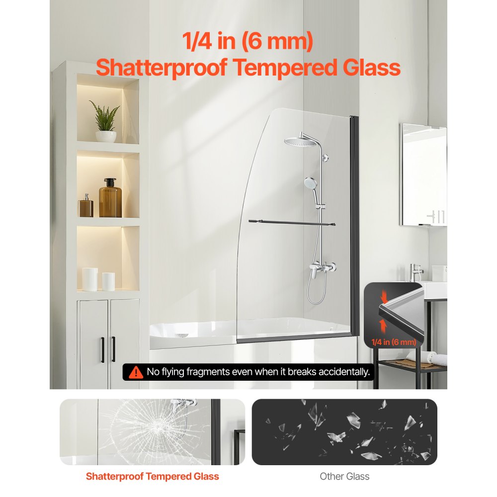 VEVOR rahmenlose Badewannen Duschtür (864 x 1397 mm / B x H) halbe platzsparende Duschtür für Badewanne, 180° drehbare Tür aus gehärtetem Glas, Duschglastür (6 mm Glasdicke), Schwarz