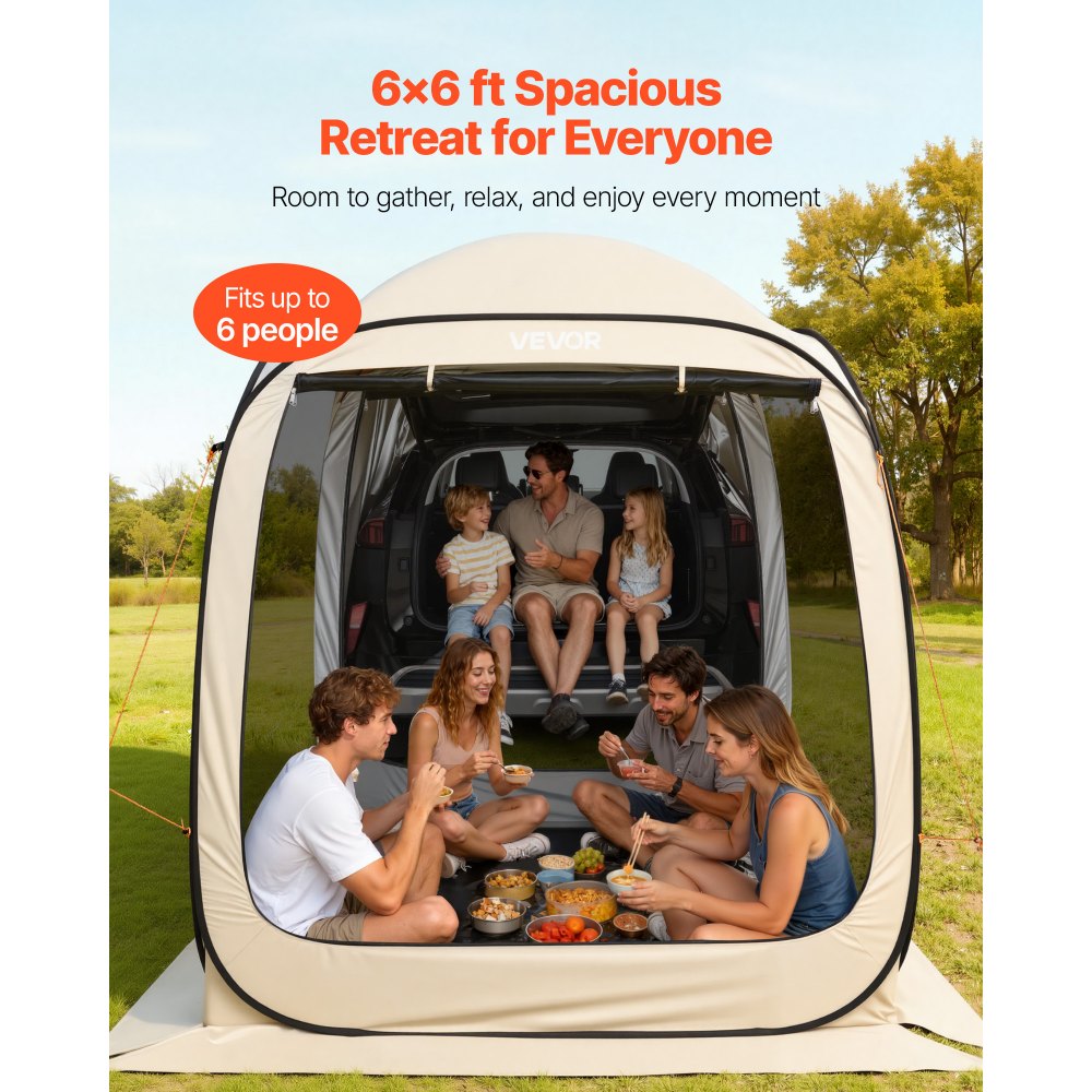 VEVOR Campingzelt, 182,88x182,88 cm, Pop-Up-Zelt für SUV-Heckklappe, tragbares Partyzelt 4-6 Personen mit Tragetasche, Seitenwände aus Netz, für Camping, Garten und Outdoor-Aktivitäten, Beige