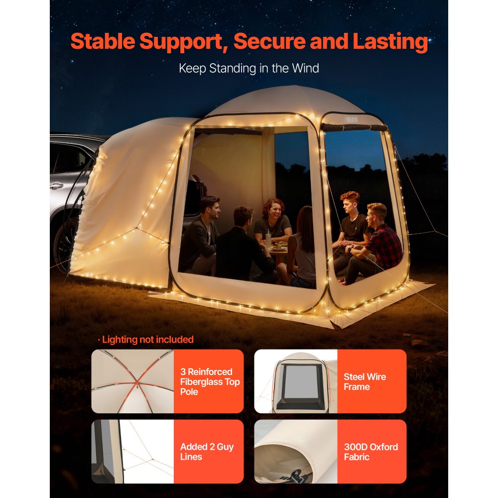 VEVOR Campingzelt, 182,88x182,88 cm, Pop-Up-Zelt für SUV-Heckklappe, tragbares Partyzelt 4-6 Personen mit Tragetasche, Seitenwände aus Netz, für Camping, Garten und Outdoor-Aktivitäten, Beige