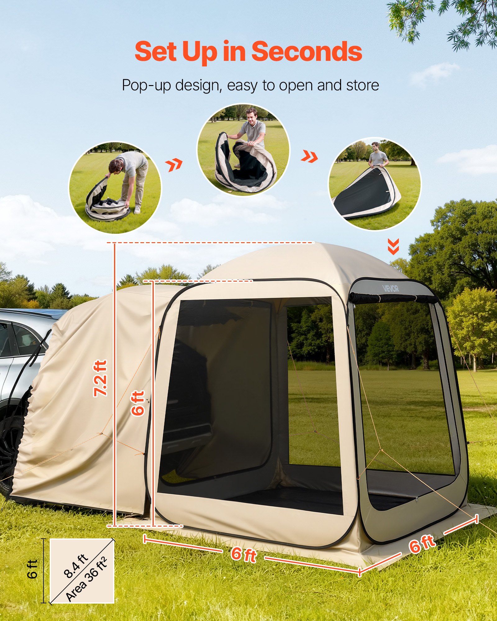 VEVOR Campingzelt, 182,88x182,88 cm, Pop-Up-Zelt für SUV-Heckklappe, tragbares Partyzelt 4-6 Personen mit Tragetasche, Seitenwände aus Netz, für Camping, Garten und Outdoor-Aktivitäten, Beige