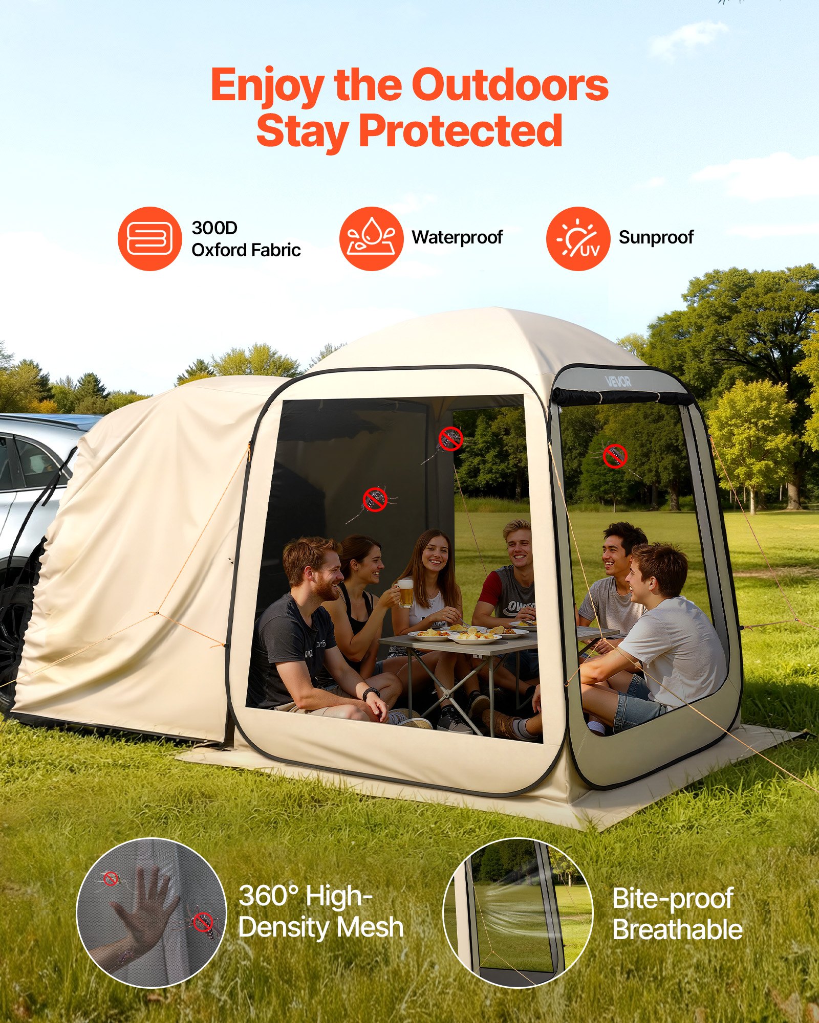 VEVOR Campingzelt, 182,88x182,88 cm, Pop-Up-Zelt für SUV-Heckklappe, tragbares Partyzelt 4-6 Personen mit Tragetasche, Seitenwände aus Netz, für Camping, Garten und Outdoor-Aktivitäten, Beige