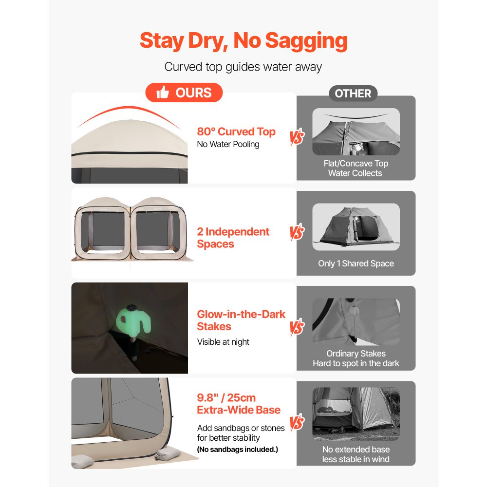 VEVOR Campingzelt, 365,76x182,88 cm, 2-in-1-Pop-up-Zelt, tragbares Partyzelt mit Tragetasche, Netz-Seitenwänden und Erdspießen, für Garten, Terrasse und Outdoor-Aktivitäten, Beige