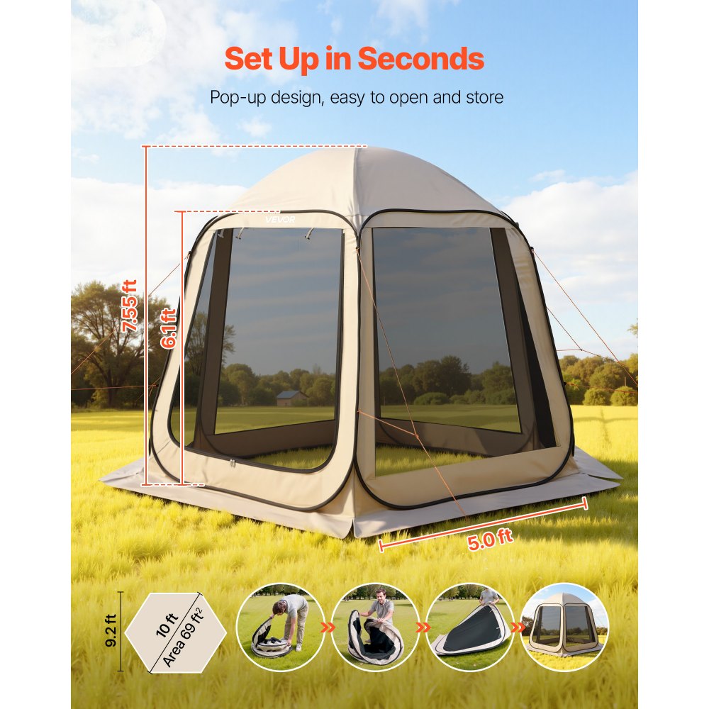 VEVOR Pop up Zelt, 3304,8x280,4 cm, Campingzelt für 4–8 Personen, Partyzelt inklusive Tragetasche, Seitenwänden aus Netz und Heringen, für Garten, Terrasse und Outdoor-Aktivitäten, Beige