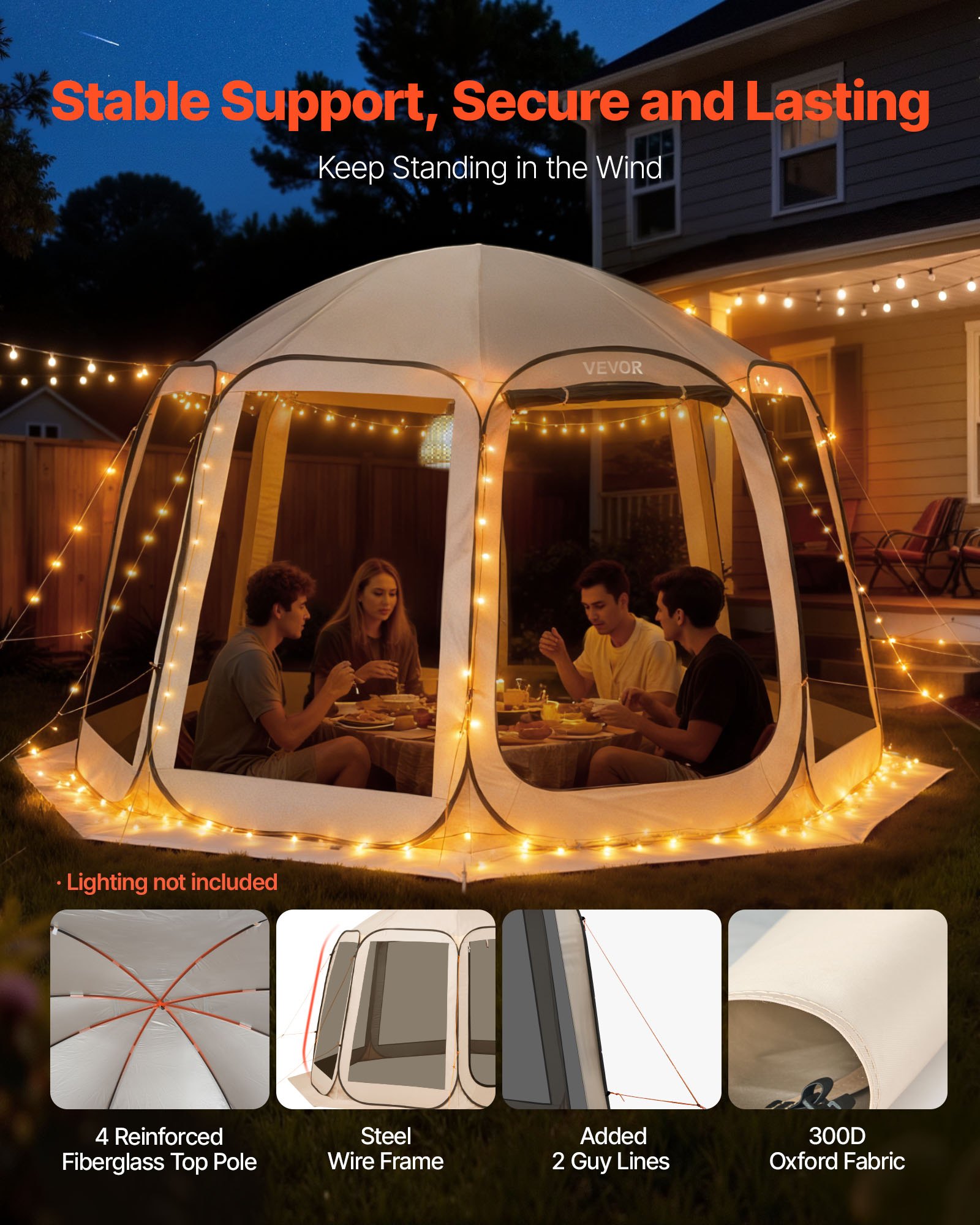 VEVOR Pop-Up-Zelt, 365,76x335,28 cm, tragbares Campingzelt für 10–12 Personen, mit Netz, Tragetasche, Seitenwänden und Heringen, für Garten, Terrasse und Outdoor-Aktivitäten, Beige