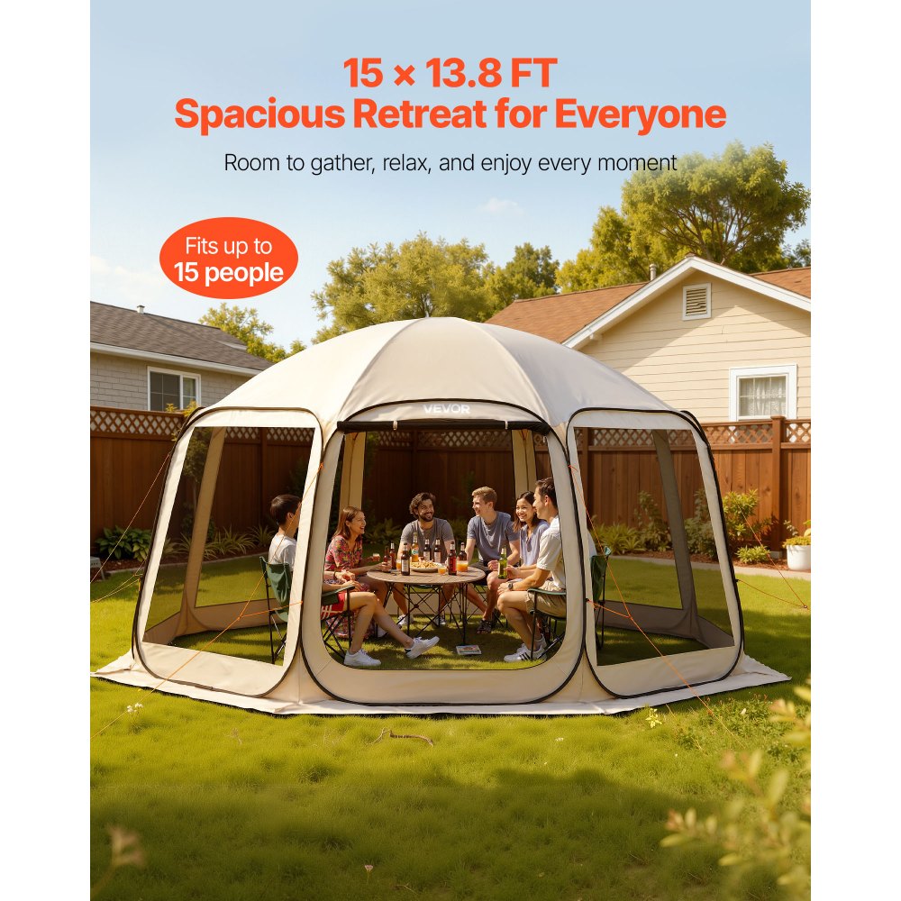 VEVOR Campingzelt, 457,2x420,6x245 cm, Partyzelt für 12–15 Personen, Pop Up Zelt, inkl. Tragetasche, Netz-Seitenwände und Heringen, für Garten, Terrasse und Outdoor-Aktivitäten, Beige