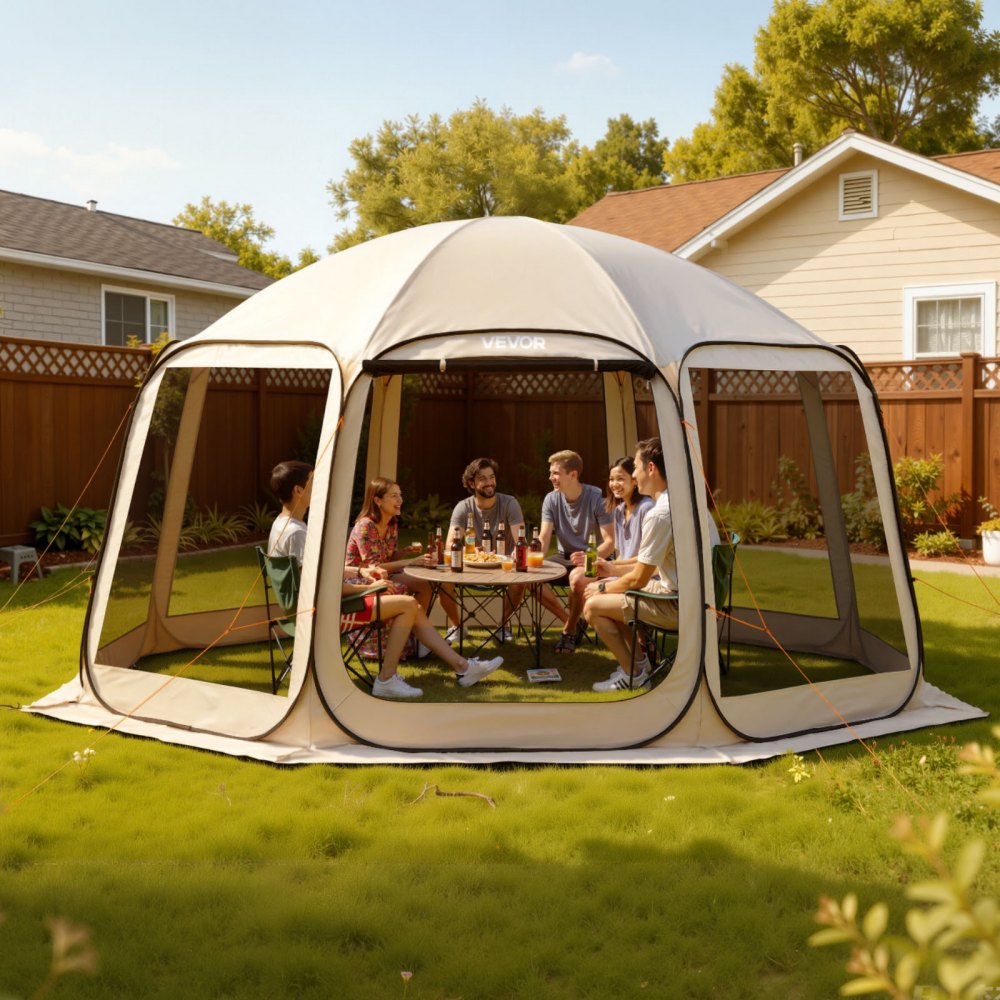 VEVOR Campingzelt, 457,2x420,6x245 cm, Partyzelt für 12–15 Personen, Pop Up Zelt, inkl. Tragetasche, Netz-Seitenwände und Heringen, für Garten, Terrasse und Outdoor-Aktivitäten, Beige