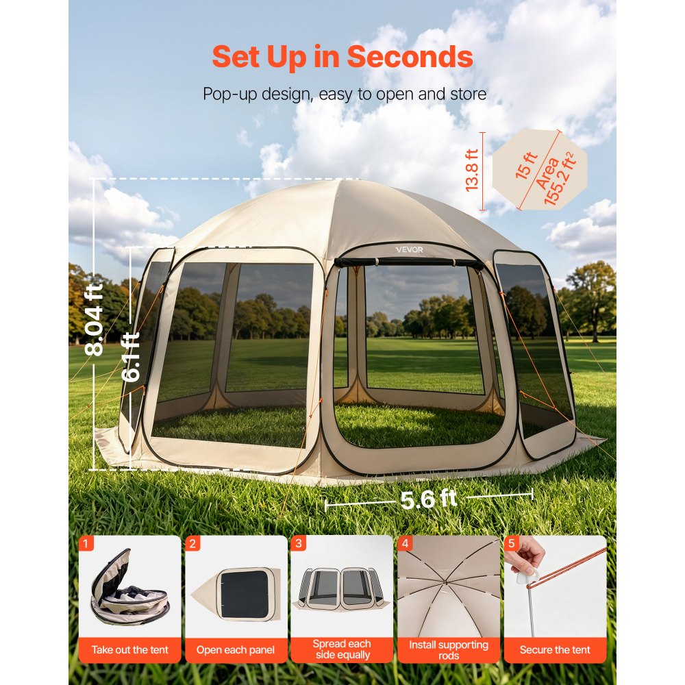 VEVOR Campingzelt, 457,2x420,6x245 cm, Partyzelt für 12–15 Personen, Pop Up Zelt, inkl. Tragetasche, Netz-Seitenwände und Heringen, für Garten, Terrasse und Outdoor-Aktivitäten, Beige