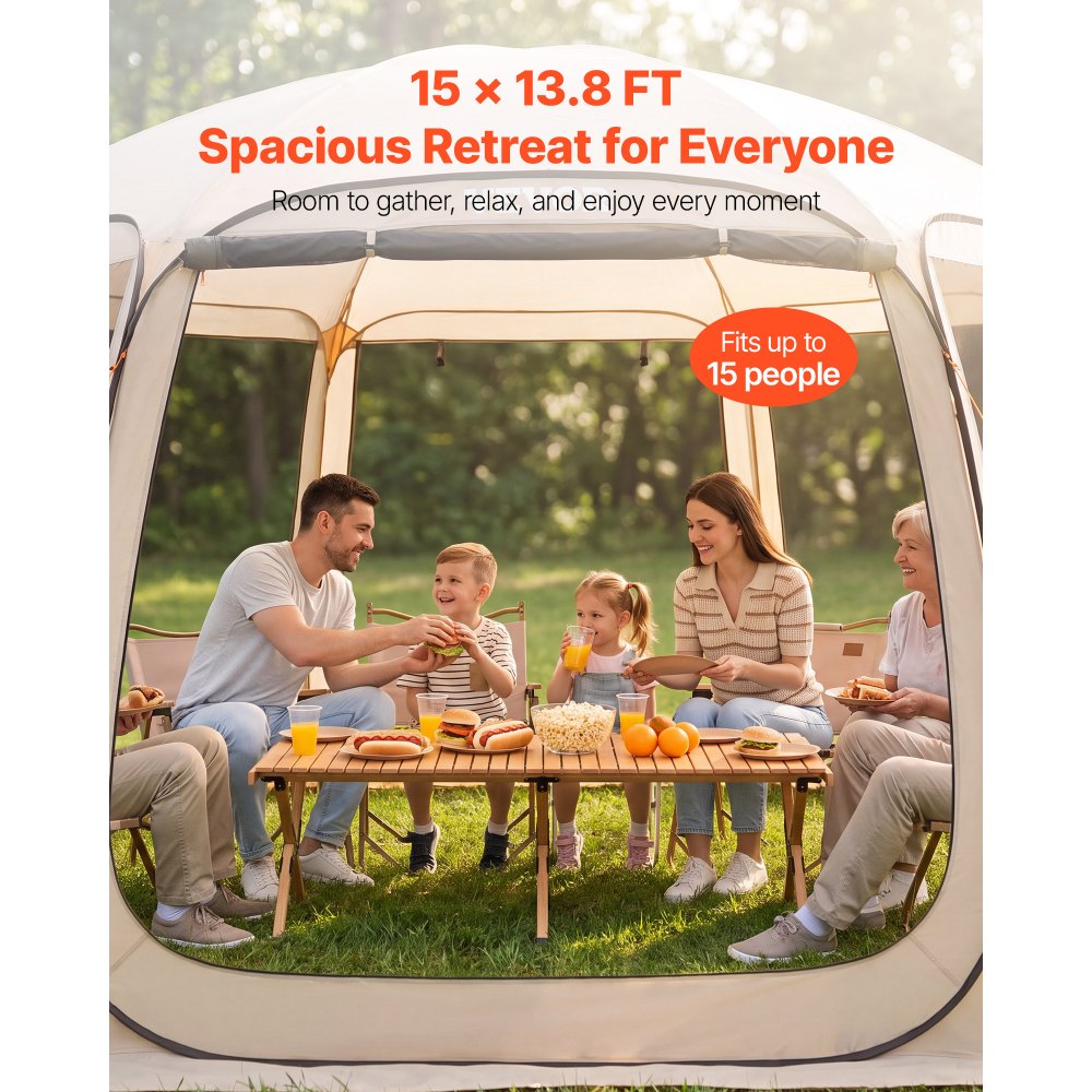 VEVOR Campingzelt, 457,2x420,6x245 cm, Partyzelt für 12–15 Personen, Pop Up Zelt, inkl. Tragetasche, Netz-Seitenwände und Heringen, für Garten, Terrasse und Outdoor-Aktivitäten, Beige