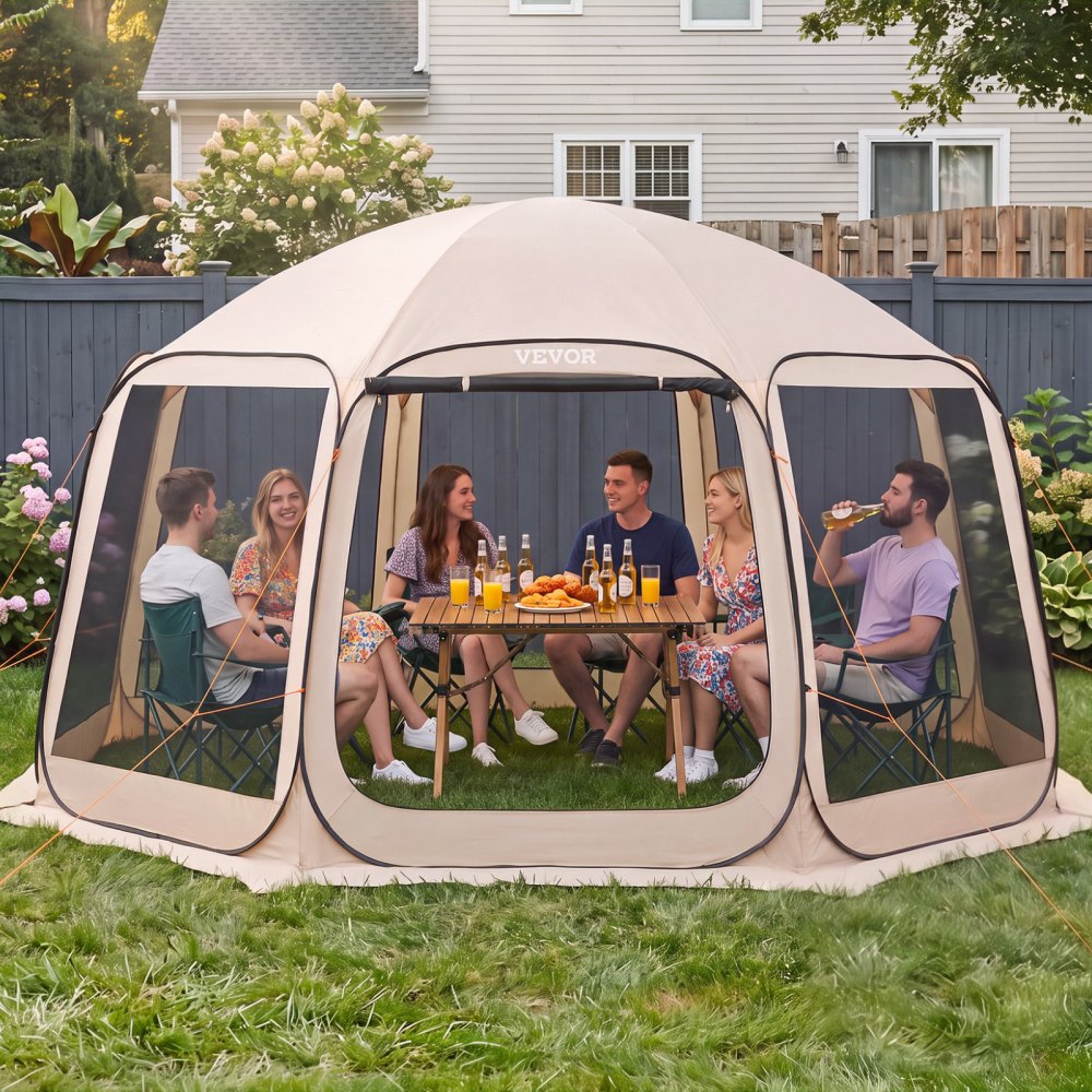 VEVOR Campingzelt, 457,2x420,6x245 cm, Partyzelt für 12–15 Personen, Pop Up Zelt, inkl. Tragetasche, Netz-Seitenwände und Heringen, für Garten, Terrasse und Outdoor-Aktivitäten, Beige