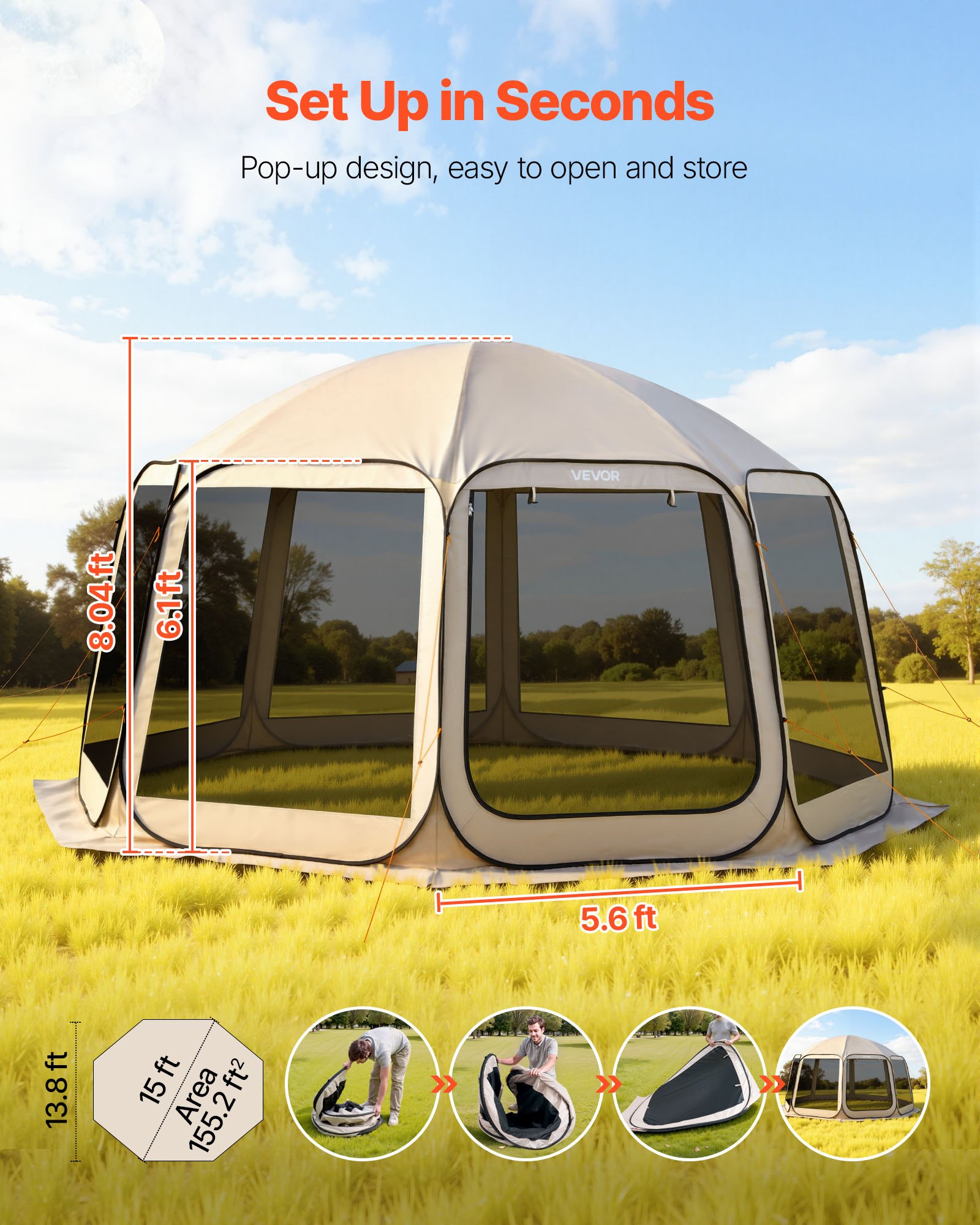 VEVOR Campingzelt, 457,2x420,6x245 cm, Partyzelt für 12–15 Personen, Pop Up Zelt, inkl. Tragetasche, Netz-Seitenwände und Heringen, für Garten, Terrasse und Outdoor-Aktivitäten, Beige