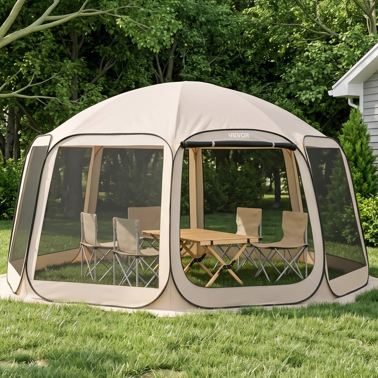 VEVOR Campingzelt, 457,2x420,6x245 cm, Partyzelt für 12–15 Personen, Pop Up Zelt, inkl. Tragetasche, Netz-Seitenwände und Heringen, für Garten, Terrasse und Outdoor-Aktivitäten, Beige