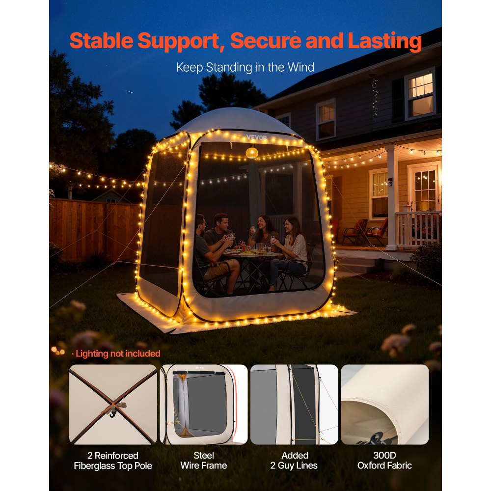 VEVOR Campingzelt, 182,88x182,88x219,4 cm, Partyzelt für 4-6 Personen, Pop Up Zelt mit Tragetasche, Netz-Seitenwänden und Heringen, für Garten, Terrasse und Outdoor-Aktivitäten, Beige