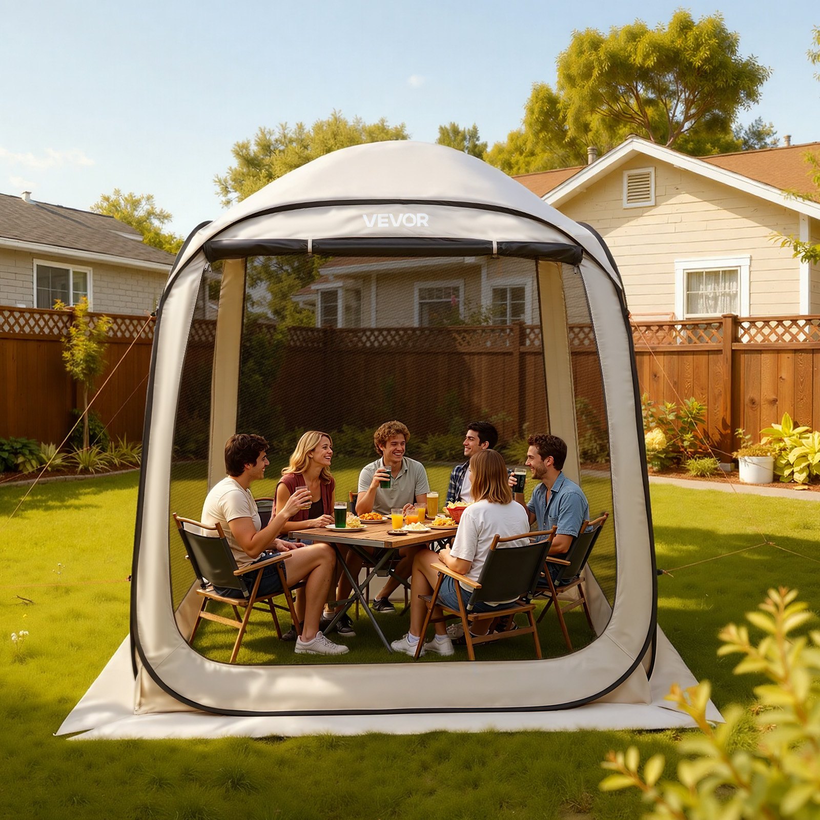 VEVOR Campingzelt, 182,88x182,88x219,4 cm, Partyzelt für 4-6 Personen, Pop Up Zelt mit Tragetasche, Netz-Seitenwänden und Heringen, für Garten, Terrasse und Outdoor-Aktivitäten, Beige