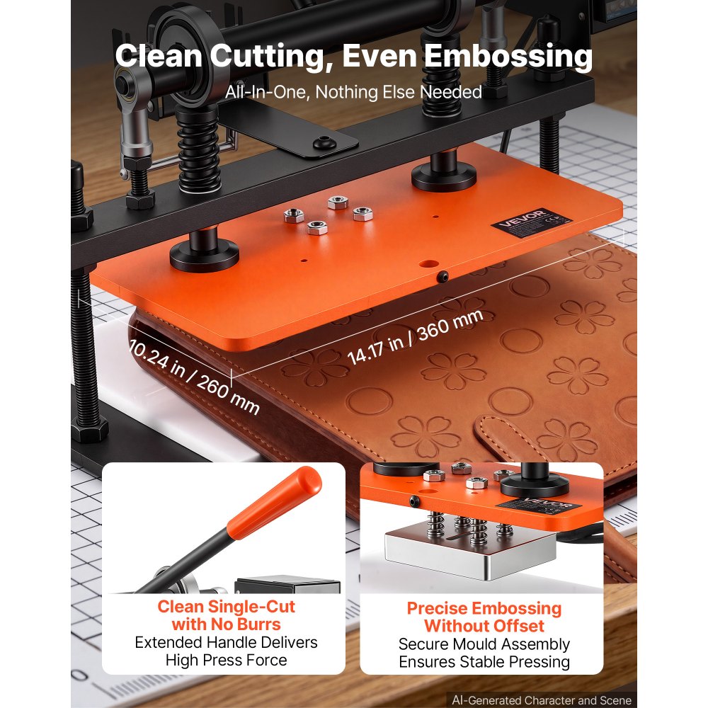 VEVOR Beheizte Lederschneidemaschine 360​​x260 mm Lederdruckmaschine 500 W, für Lederprägen & Stanzen, 1,5 Tonnen Druck, 12 mm Hub, Zwei Führungswellen, 26 Kupferbuchstabenstempel & 50 Heißprägefolien