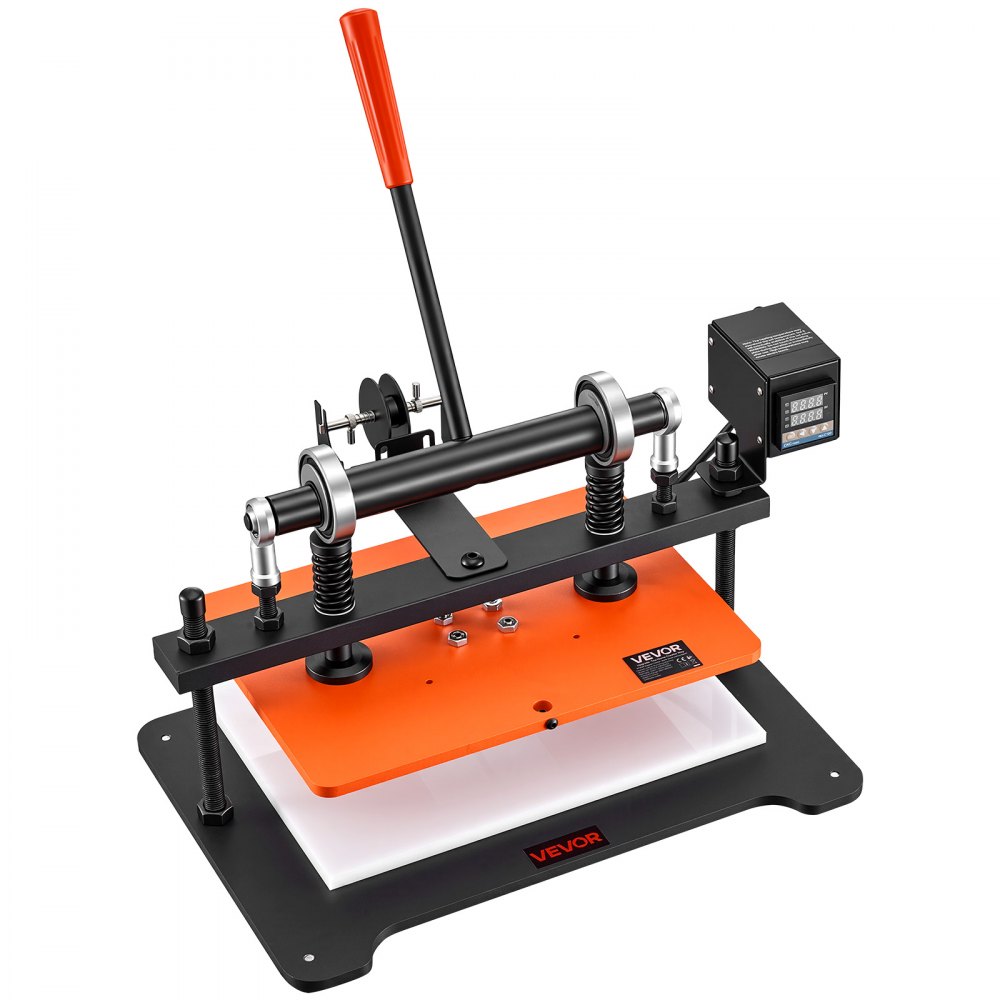 VEVOR Beheizte Lederschneidemaschine 360​​x260 mm Lederdruckmaschine 500 W, für Lederprägen & Stanzen, 1,5 Tonnen Druck, 12 mm Hub, Zwei Führungswellen, 26 Kupferbuchstabenstempel & 50 Heißprägefolien