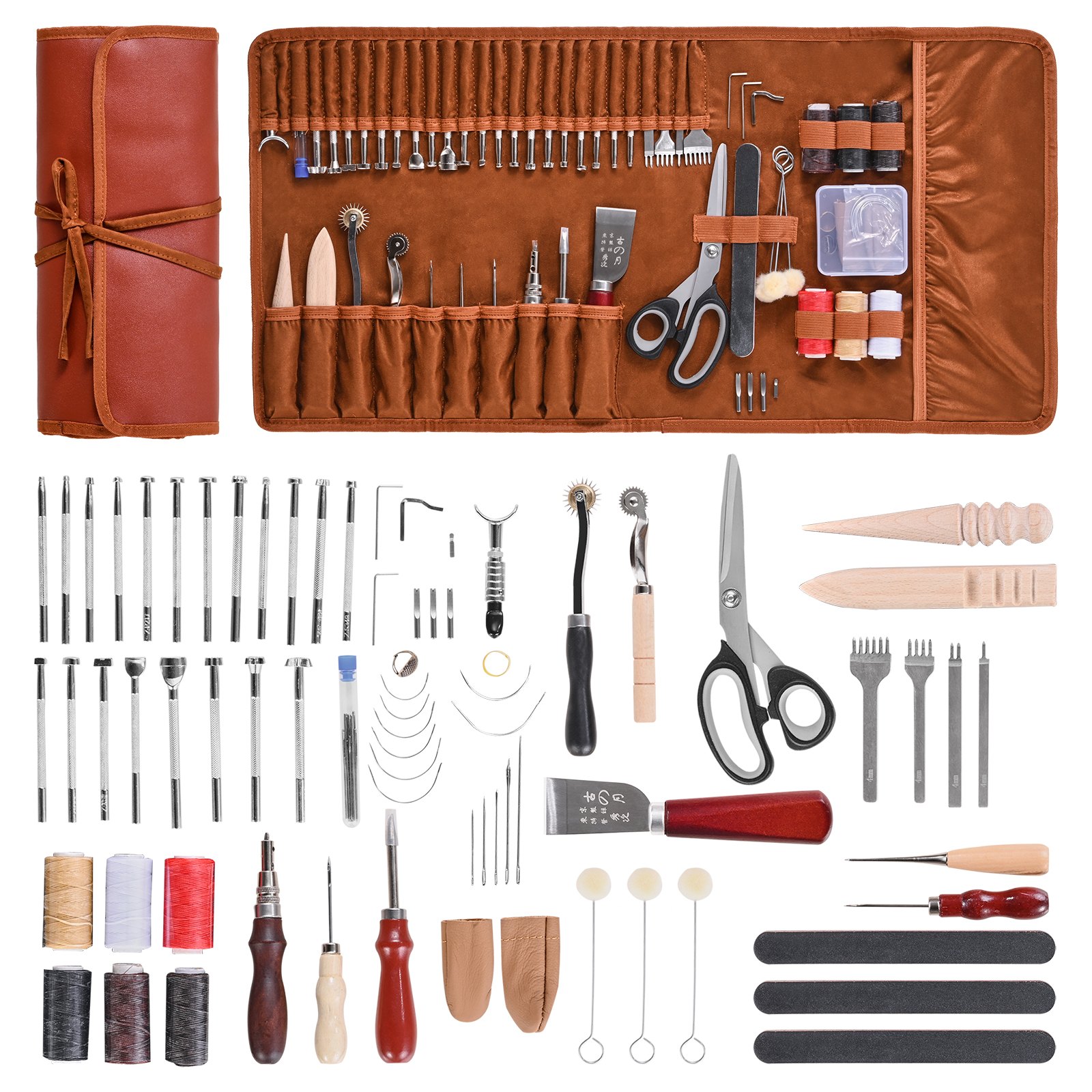 VEVOR 72-piece Leather Craft Tool Set with Portable Canvas Storage Bag: Graphic Tools, Punching Tools, Sewing Tools, Cutting Tools, Ideal for Beginners, DIYers, and Professionals